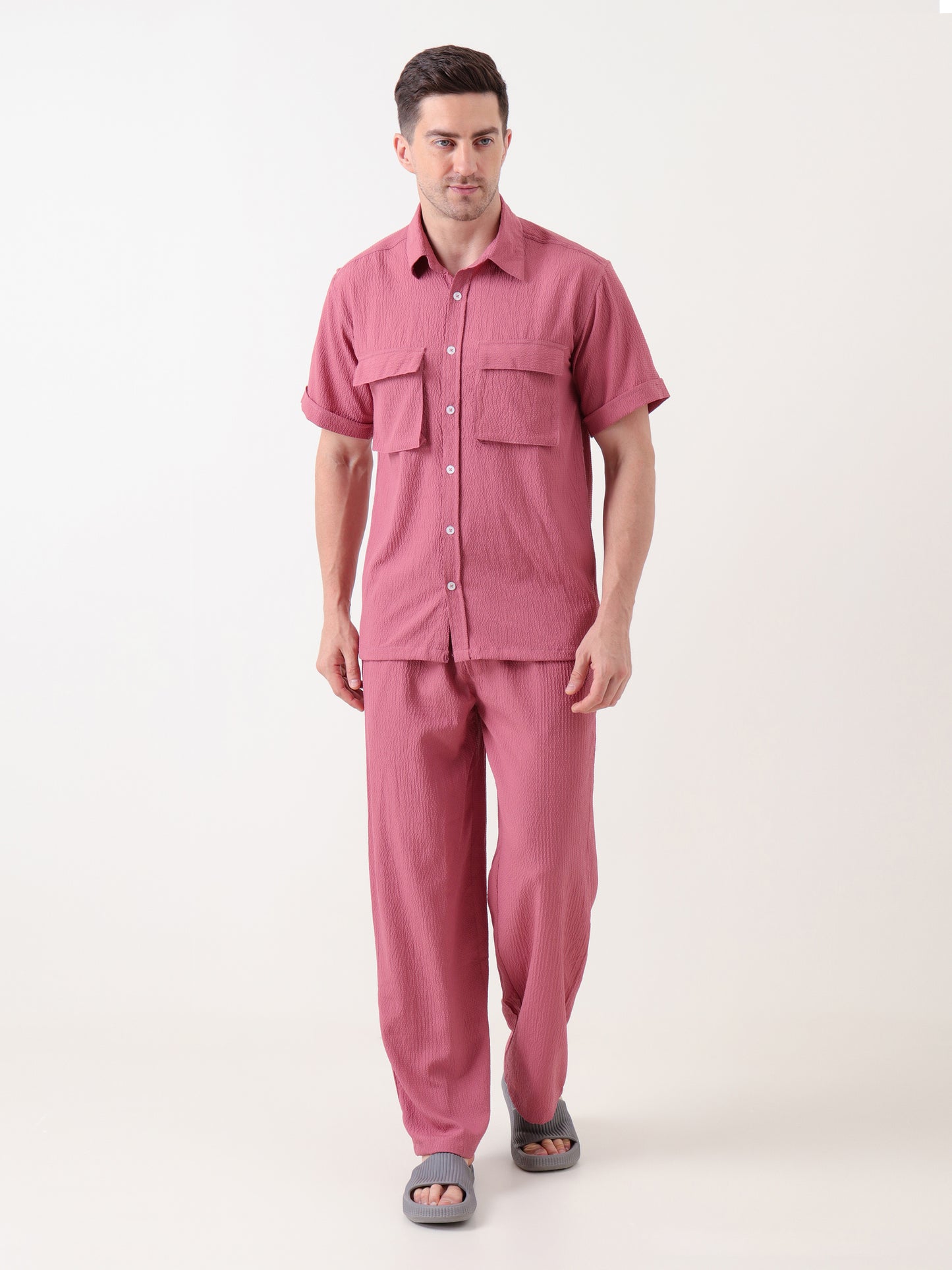 Men's Textured Coord Set in Dusty Rose – Short Sleeve Shirt & Trouser