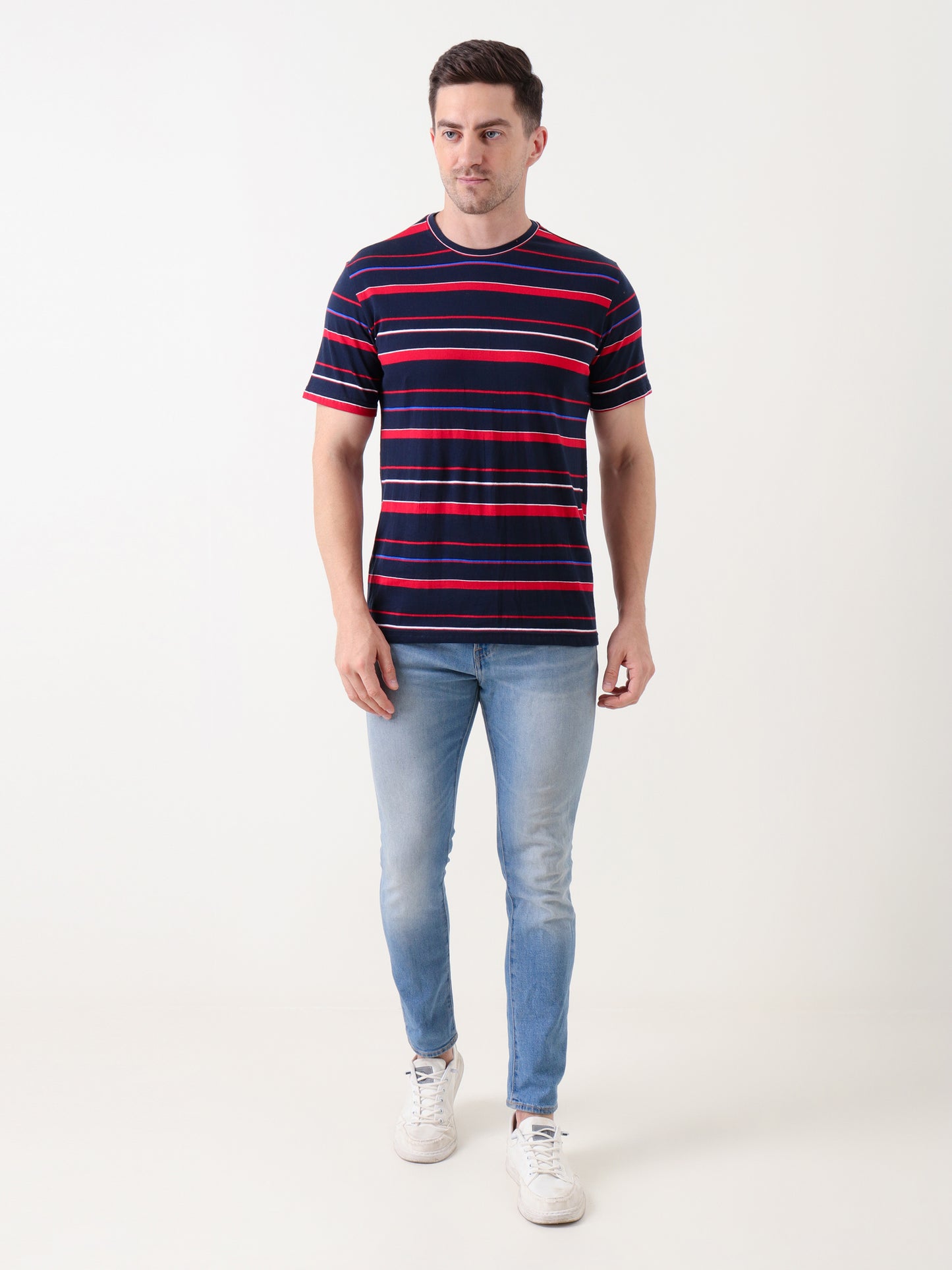 Men's Navy Blue & Red Striped Cotton T-Shirt – Casual Regular Fit