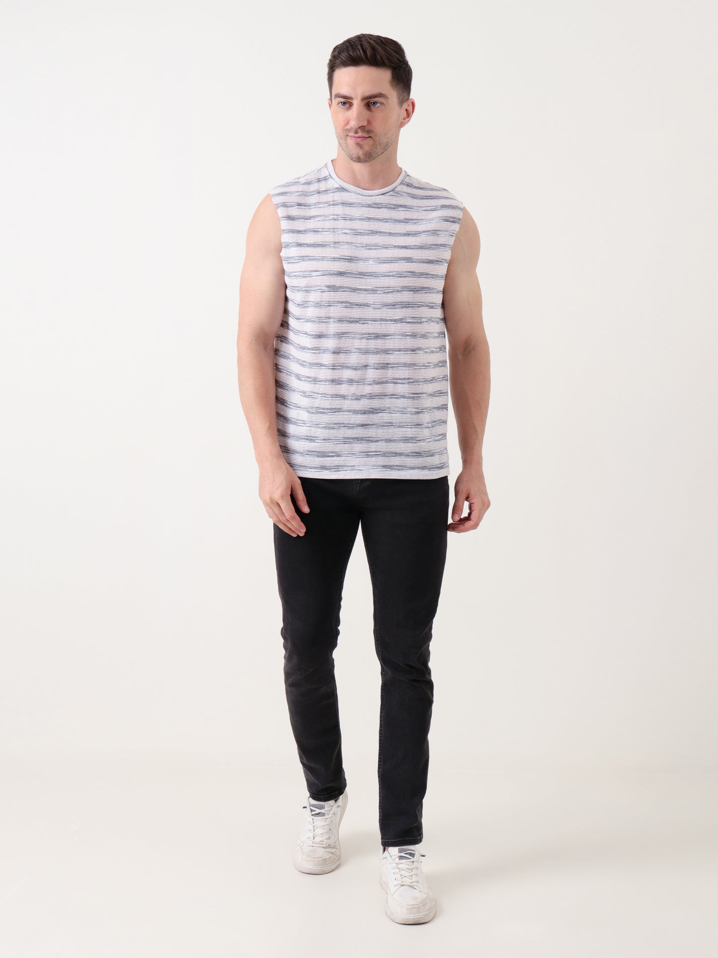 Men's Sleeveless White & Grey Striped Mesh Tank Top – Lightweight & Breathable
