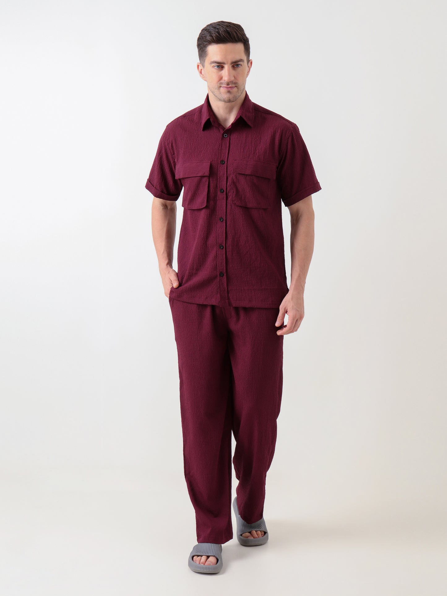 Men's Brown Textured Co-ord Set – Shirt & Trousers