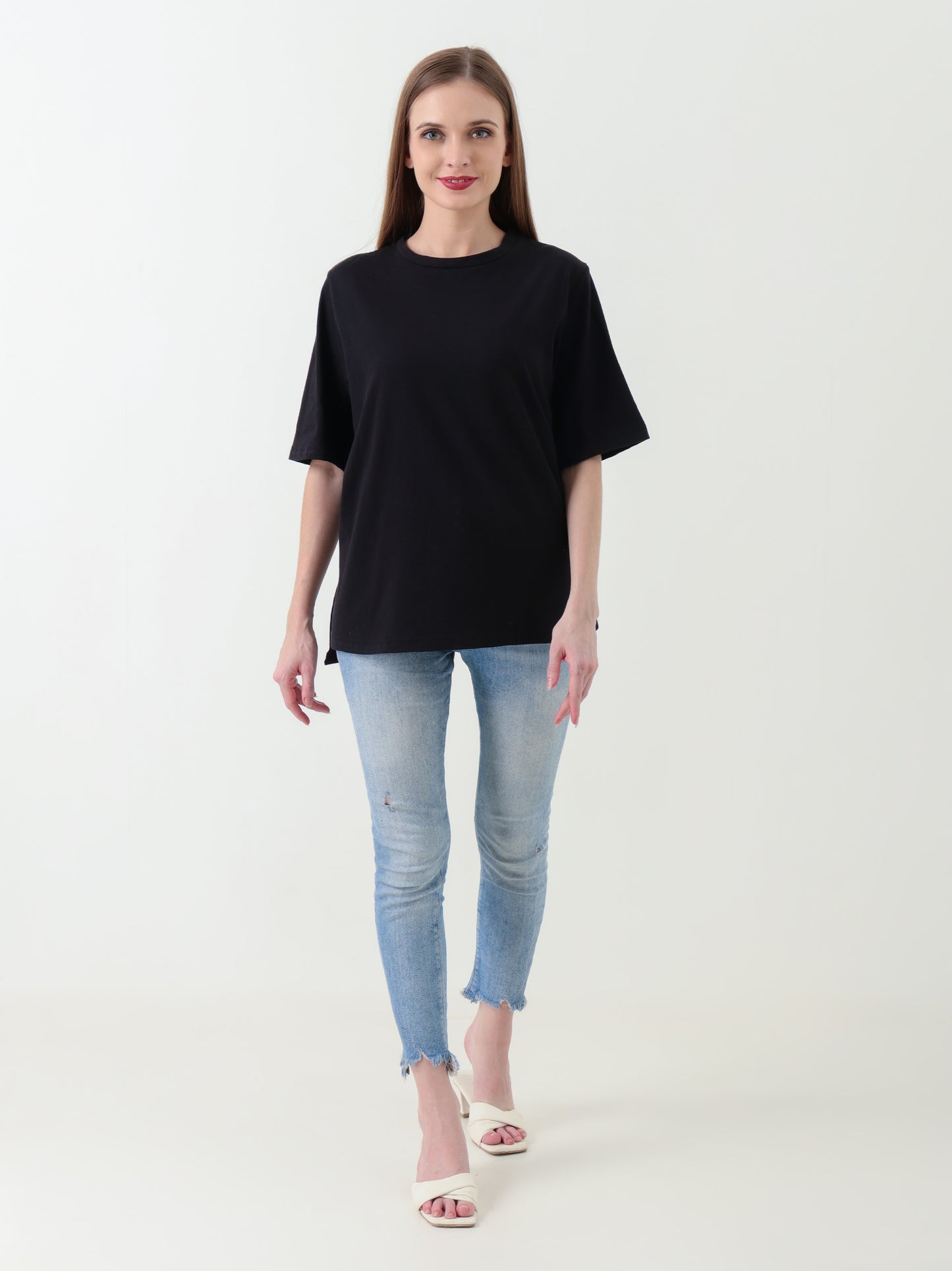Women's Black T-Shirt with Extended Back