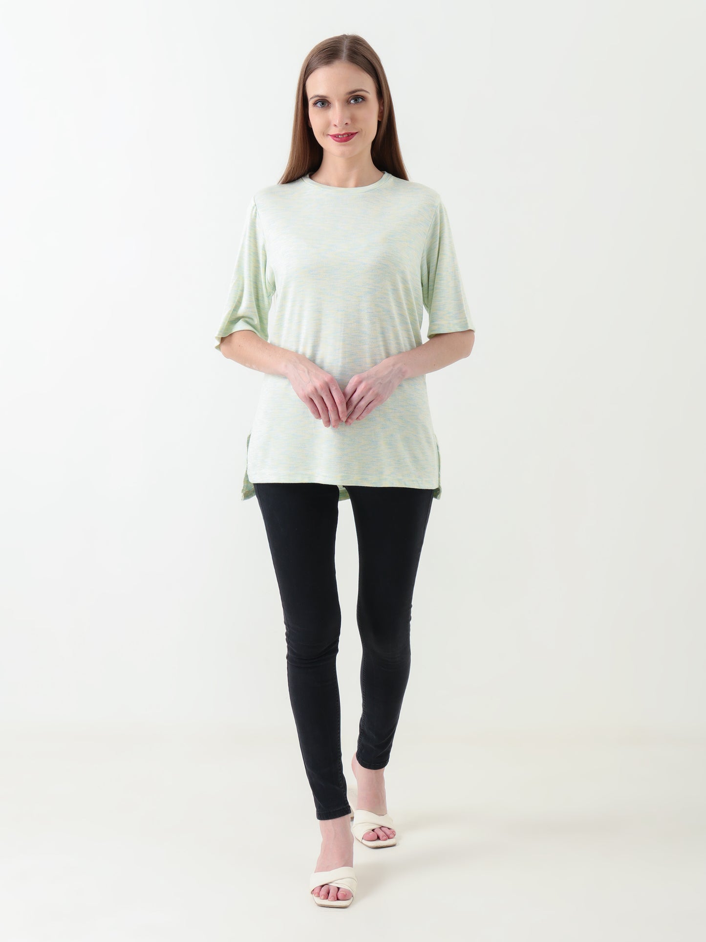 Women's Pastel Yellow-Blue Extended Back T-Shirt