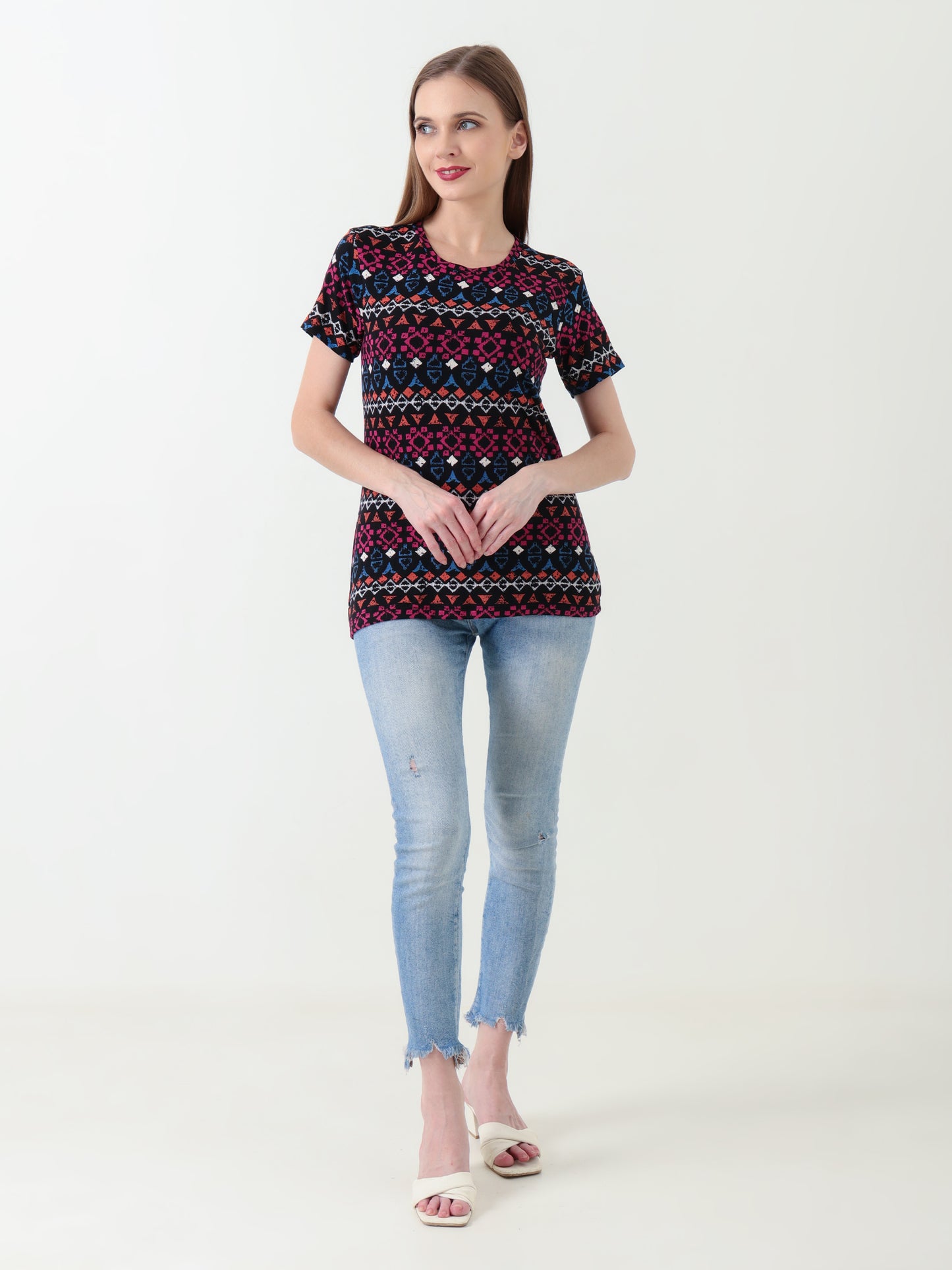 Women's Multicolor Tribal Print T-Shirt – Stretchy & Comfortable