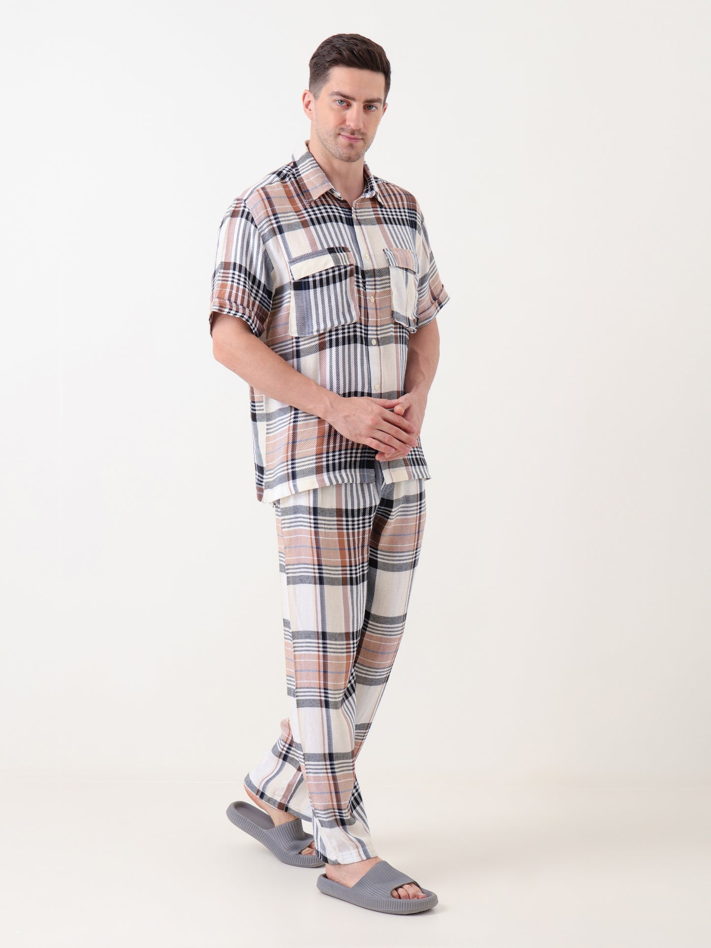 Men’s Rust, Black & Cream Plaid Co-ord Set – Short Sleeve Shirt & Trouser