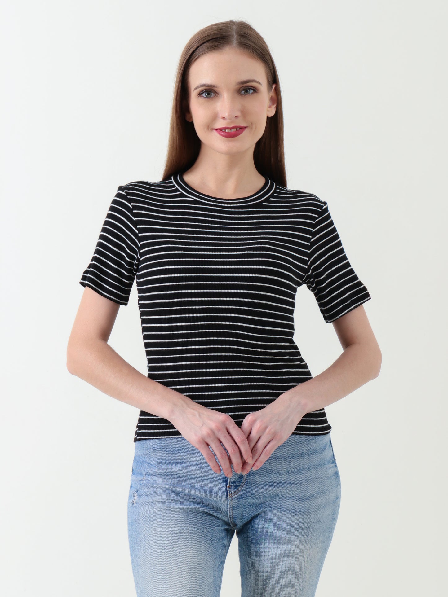 Women's Black & White Striped Ribbed Crop Top – Fitted Stretch Tee