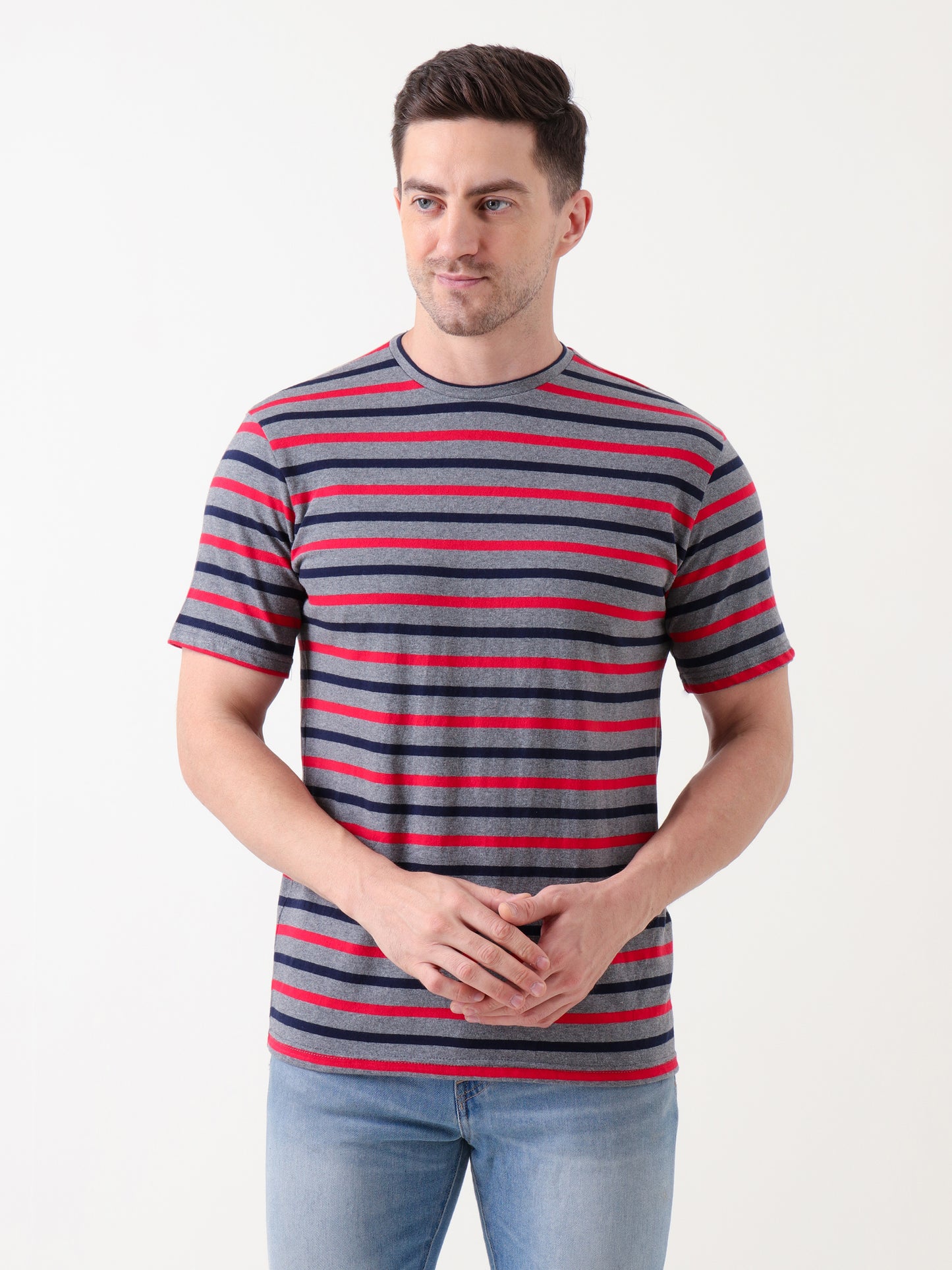 Men's Grey Striped Cotton T-Shirt – Casual Crew Neck Tee