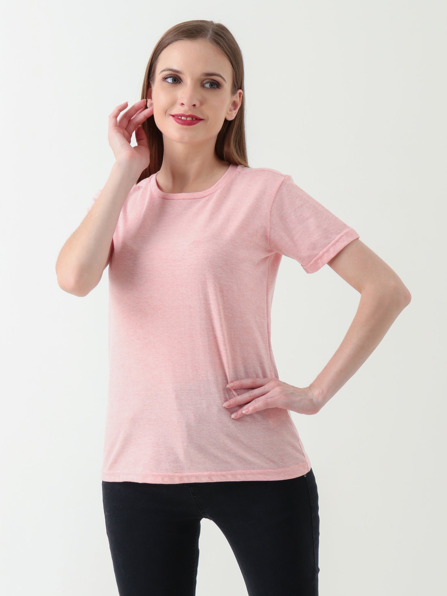 Women's Soft Pink Crew Neck T-Shirt – Lightweight Stretch Cotton Blend