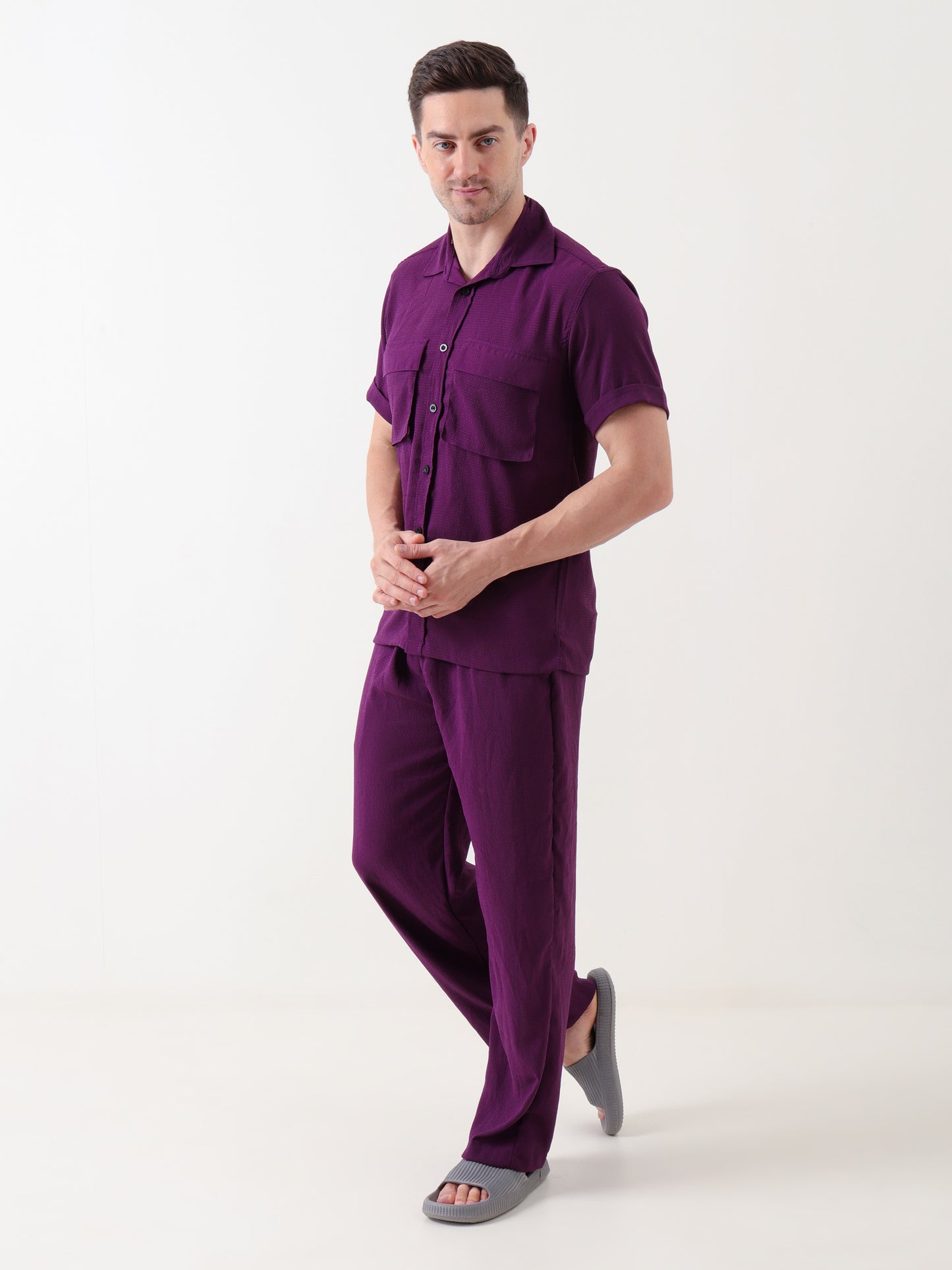 Men's Deep Purple Textured Co-ord Set – Shirt & Trousers
