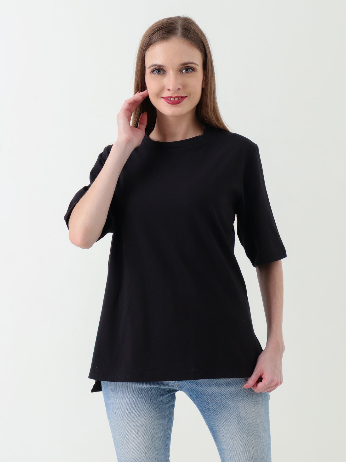 Women's Black T-Shirt with Extended Back