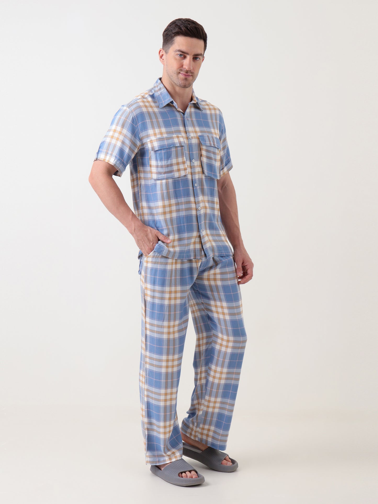 Men's Blue & Beige Checked Co-ord Set – Short Sleeve Shirt & Trouser