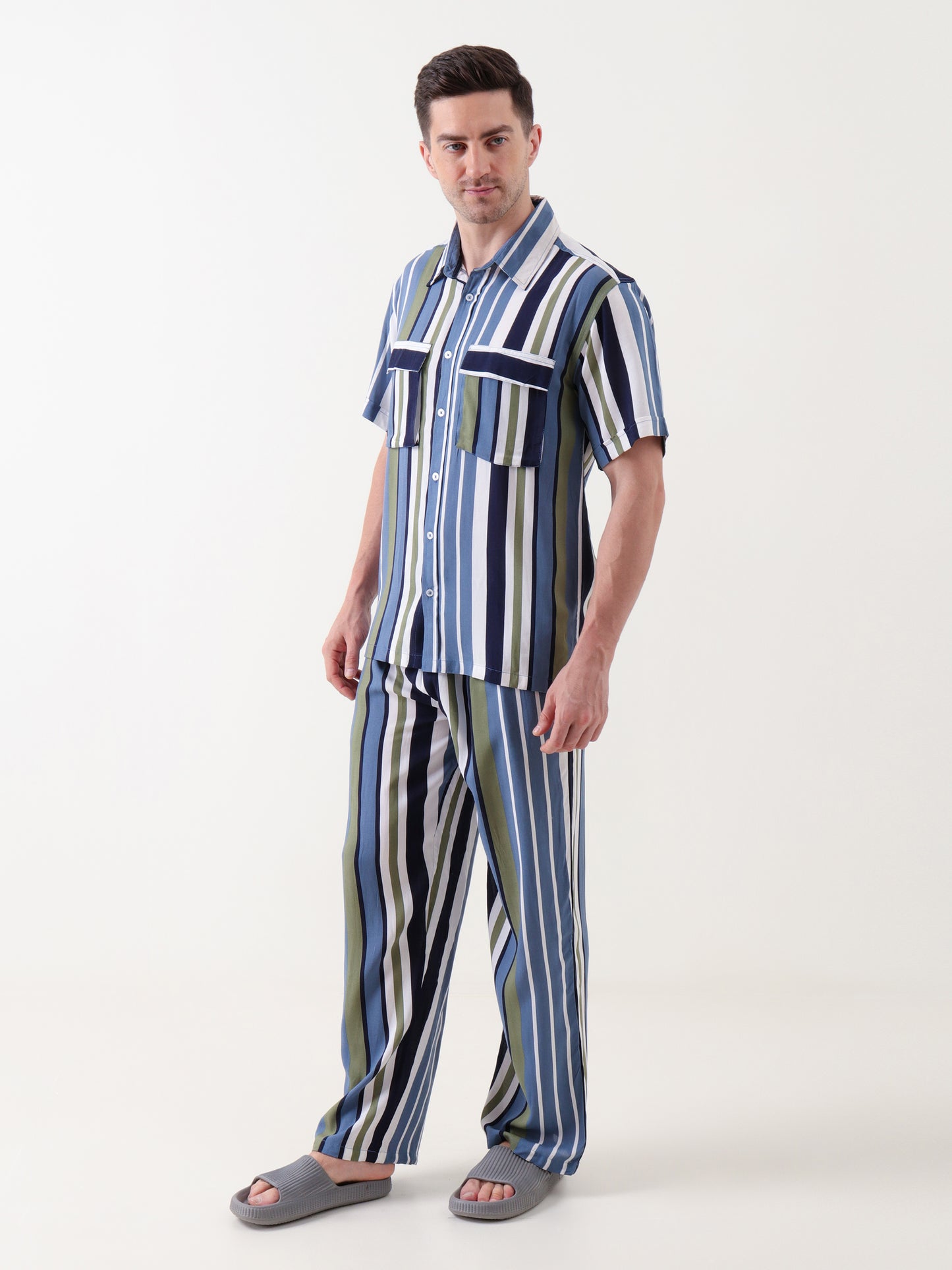 Men’s Striped Co-ord Set – Casual Button-Down Shirt & Relaxed Trousers (Navy, Olive & White)