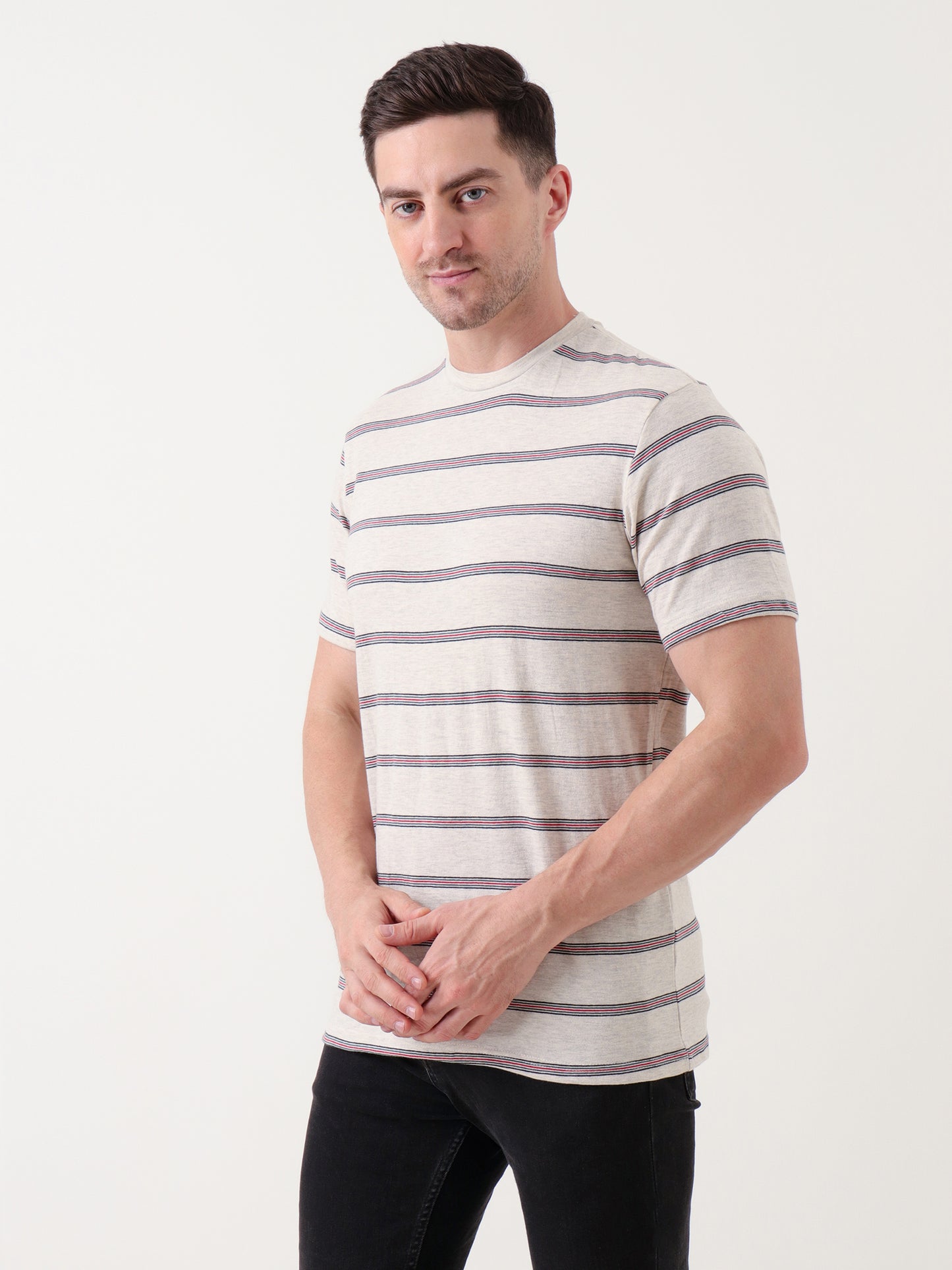 Men's Beige Crew Neck T-Shirt with Navy & Red Horizontal Stripes