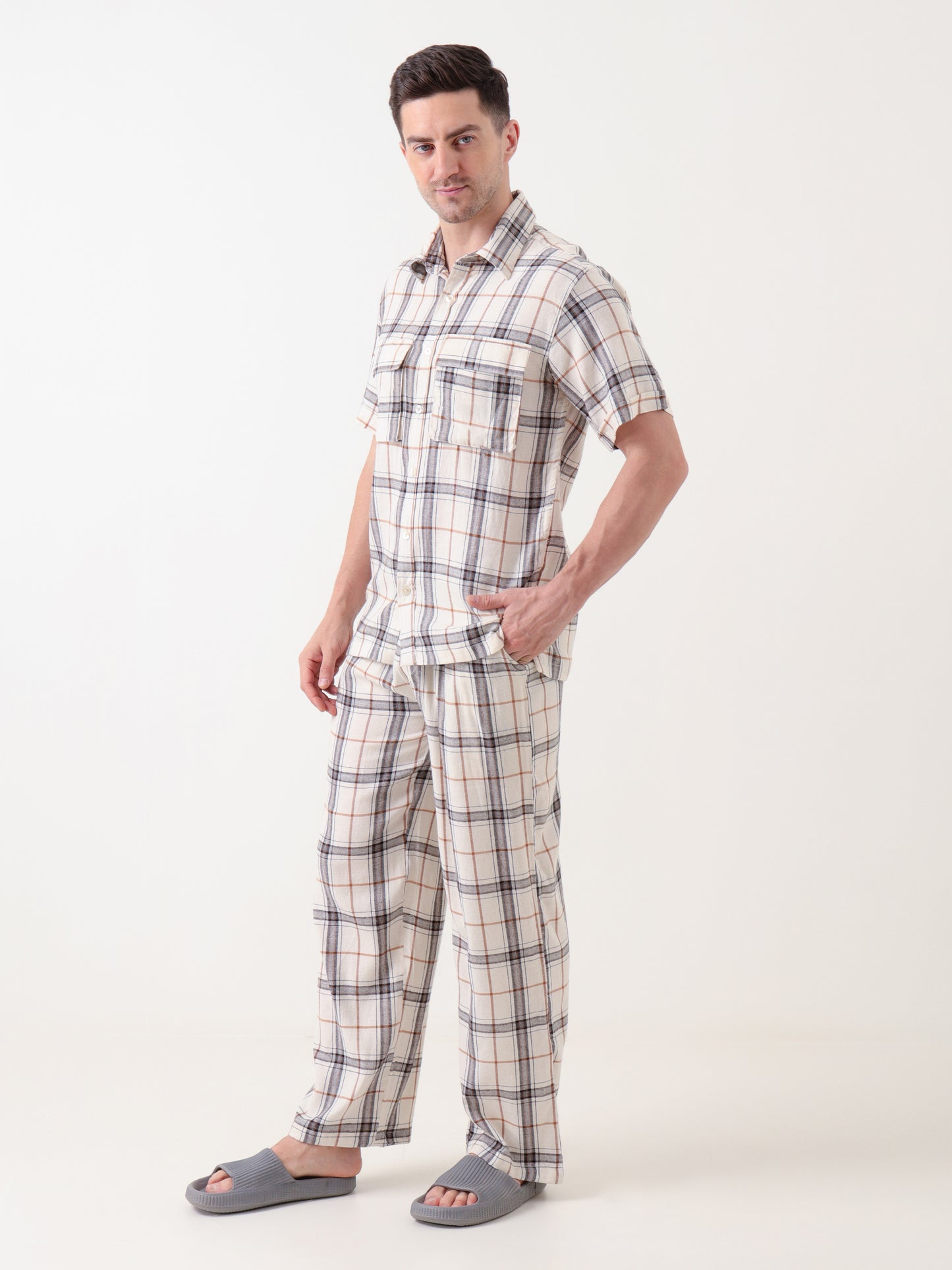 Men's Beige & Brown Checked Co-ord Set – Short Sleeve Shirt & Relaxed Trousers