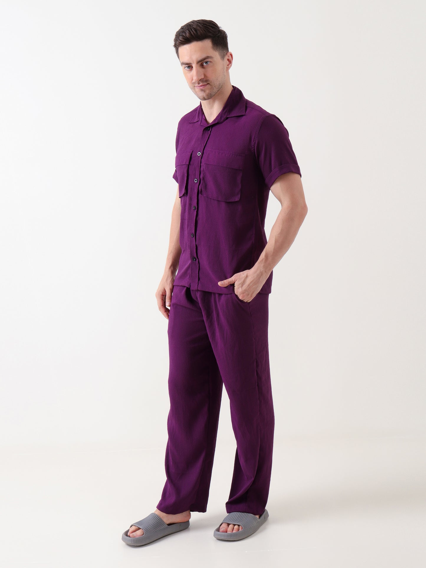 Men's Deep Purple Textured Co-ord Set – Shirt & Trousers
