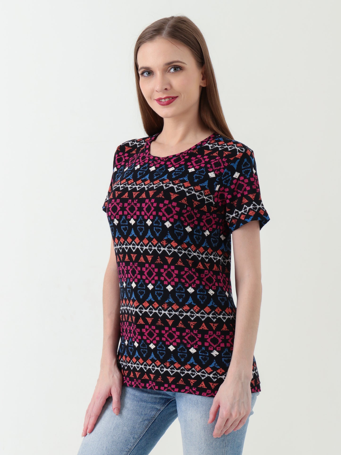 Women's Multicolor Tribal Print T-Shirt – Stretchy & Comfortable