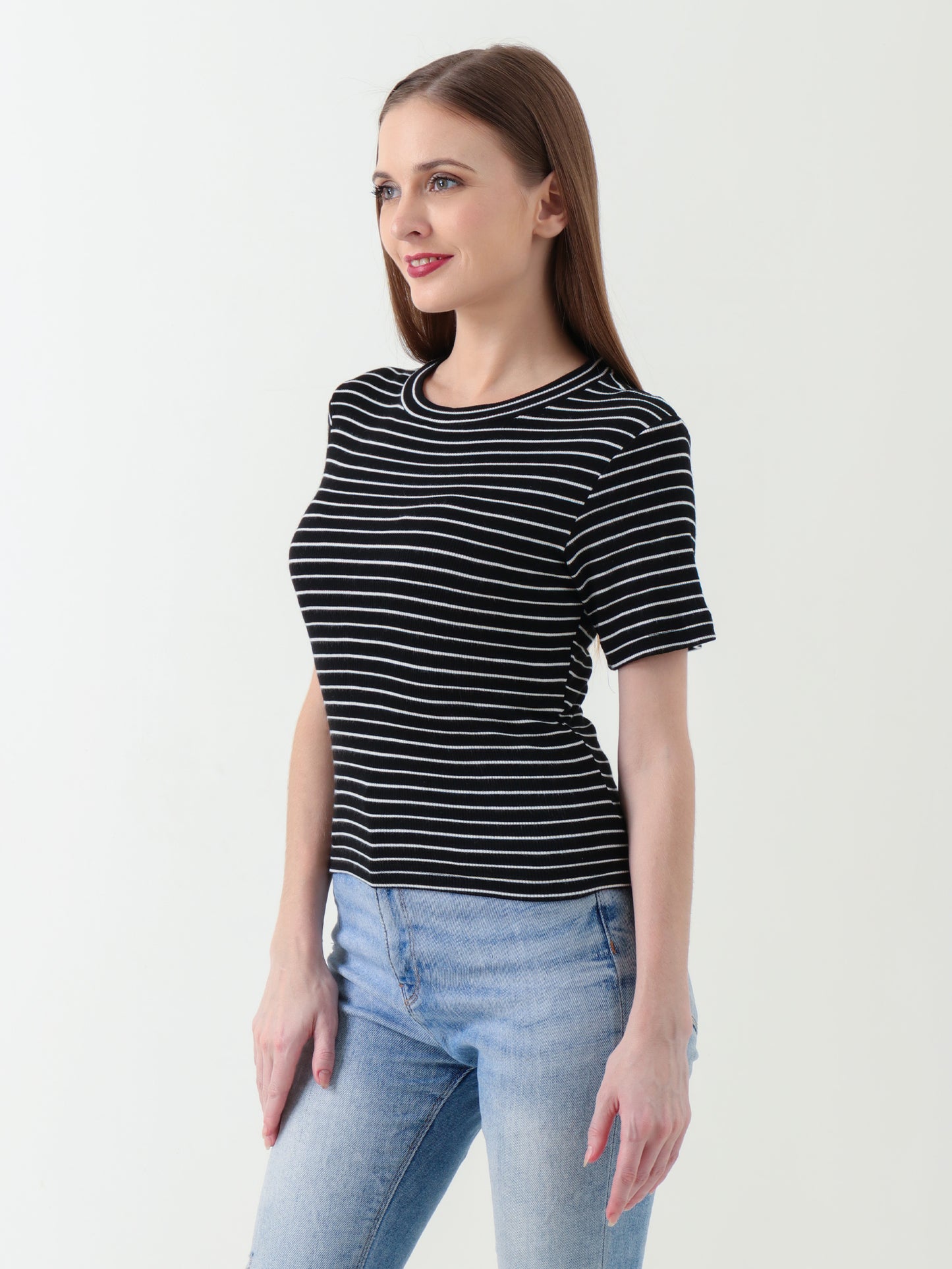 Women's Black & White Striped Ribbed Crop Top – Fitted Stretch Tee