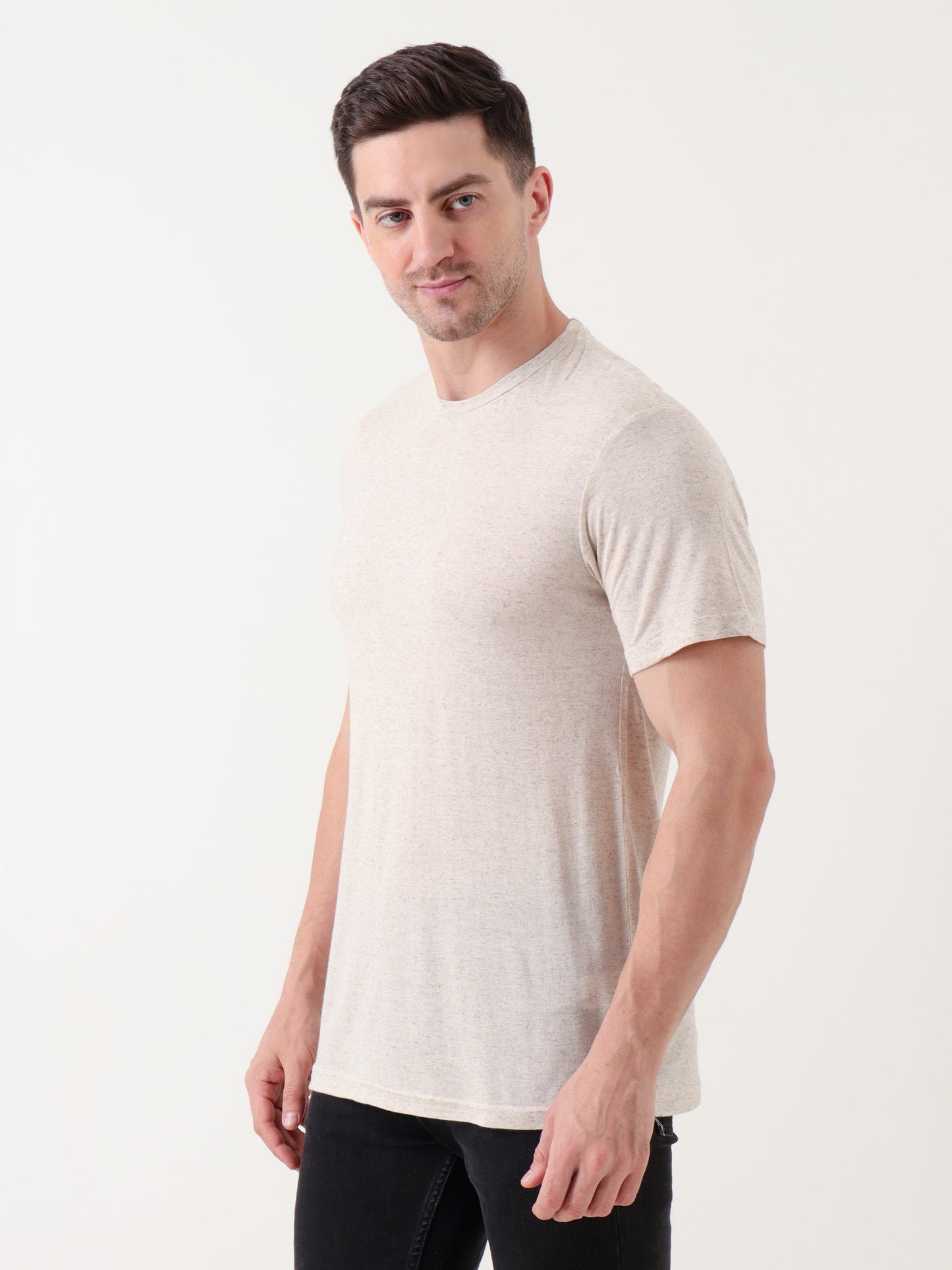Men's Beige Heathered Cotton T-Shirt – Classic Crew Neck | Everyday Essential