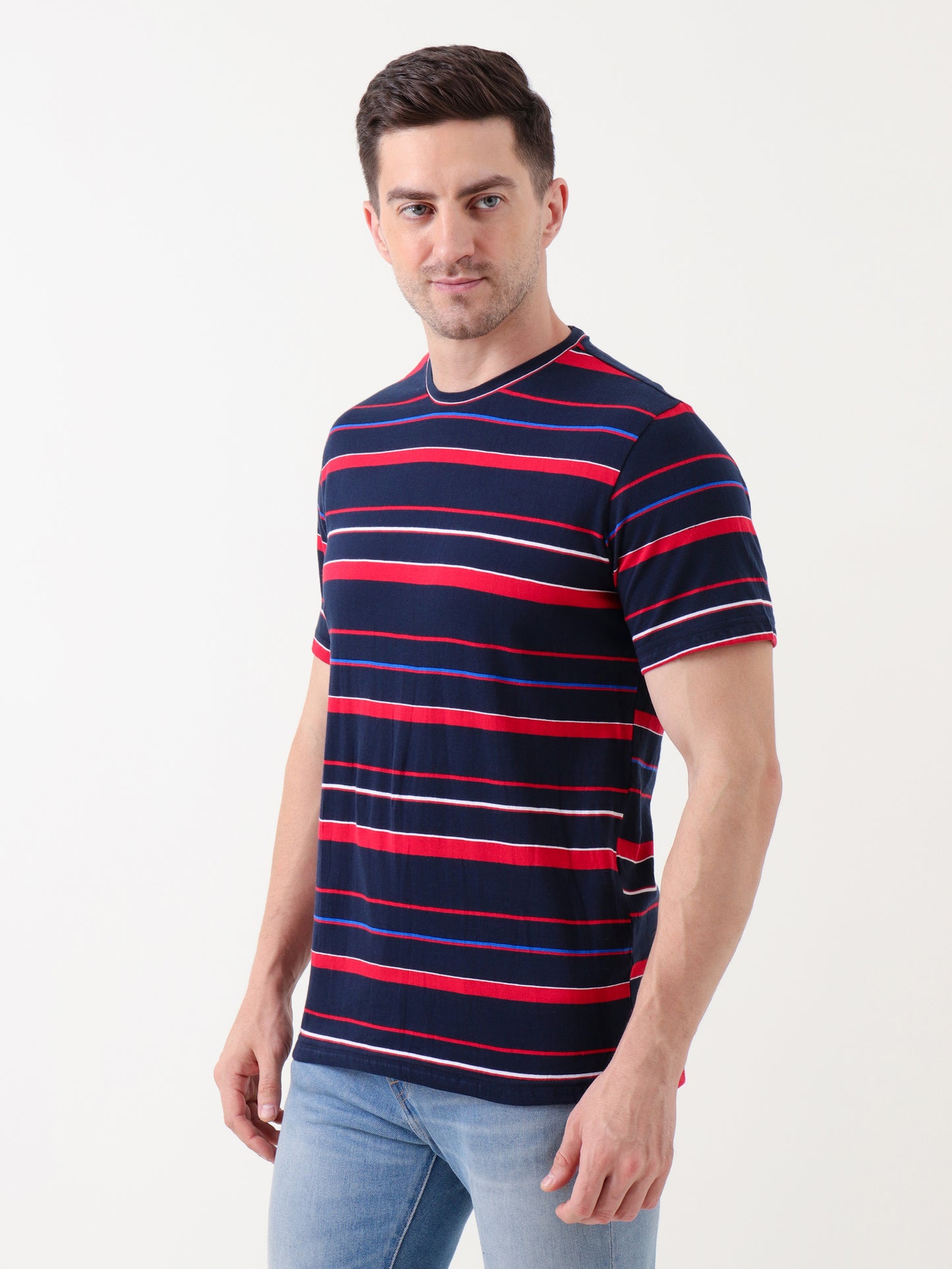 Men's Navy Blue & Red Striped Cotton T-Shirt – Casual Regular Fit