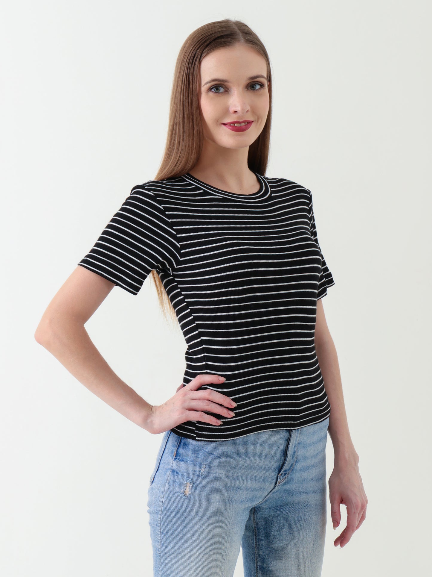 Women's Black & White Striped Ribbed Crop Top – Fitted Stretch Tee