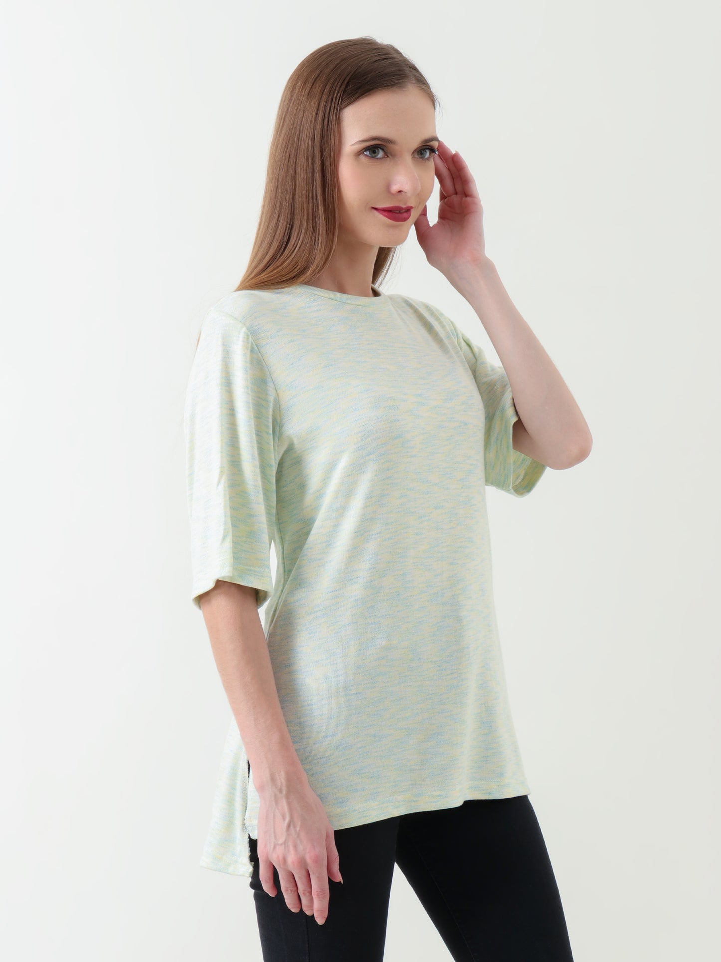 Women's Pastel Yellow-Blue Extended Back T-Shirt