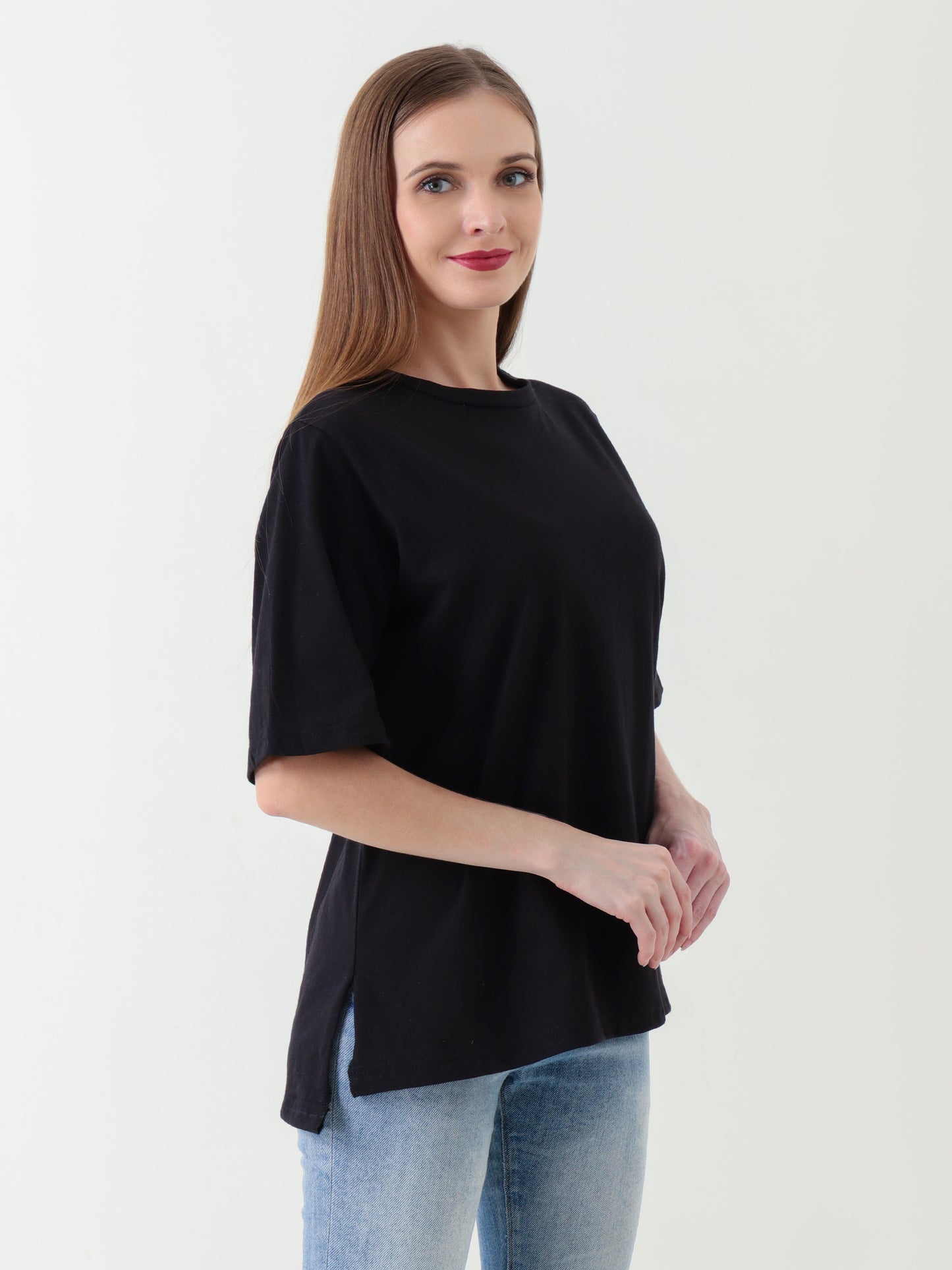 Women's Black T-Shirt with Extended Back