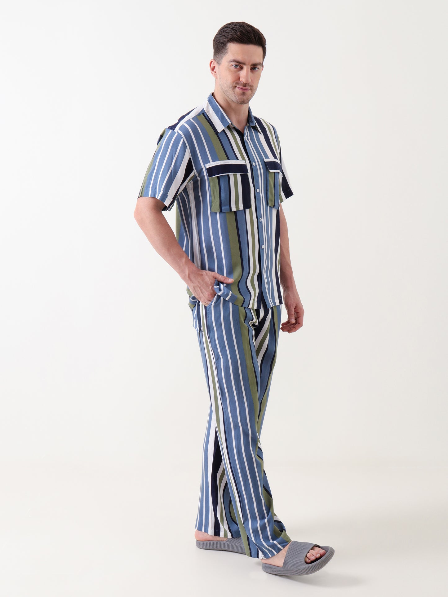 Men’s Striped Co-ord Set – Casual Button-Down Shirt & Relaxed Trousers (Navy, Olive & White)