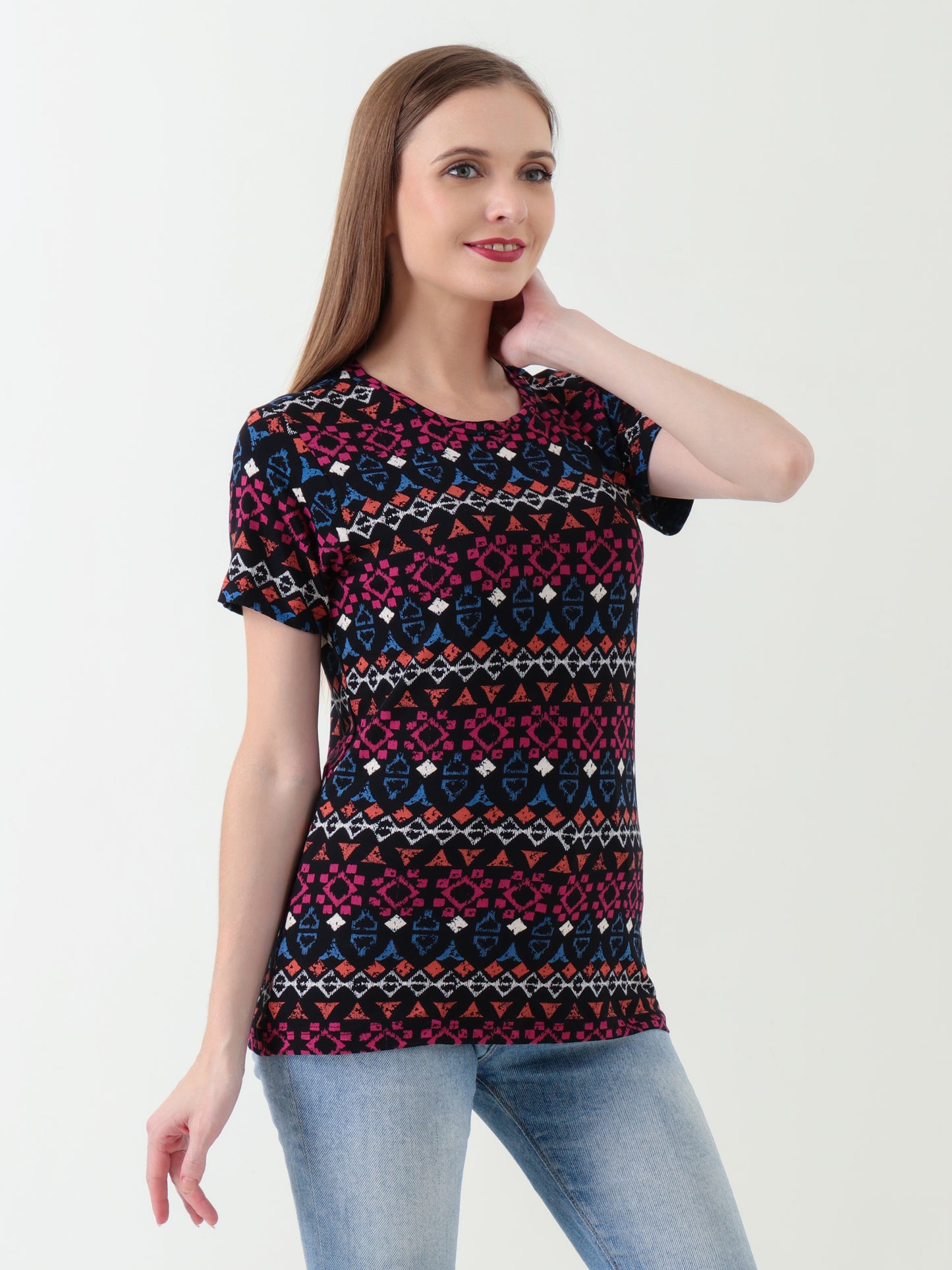 Women's Multicolor Tribal Print T-Shirt – Stretchy & Comfortable