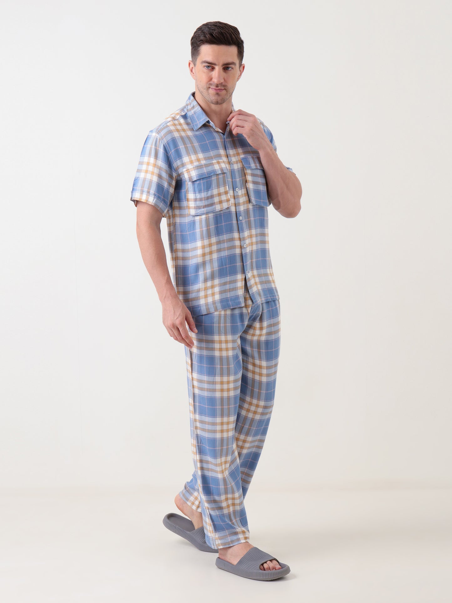 Men's Blue & Beige Checked Co-ord Set – Short Sleeve Shirt & Trouser