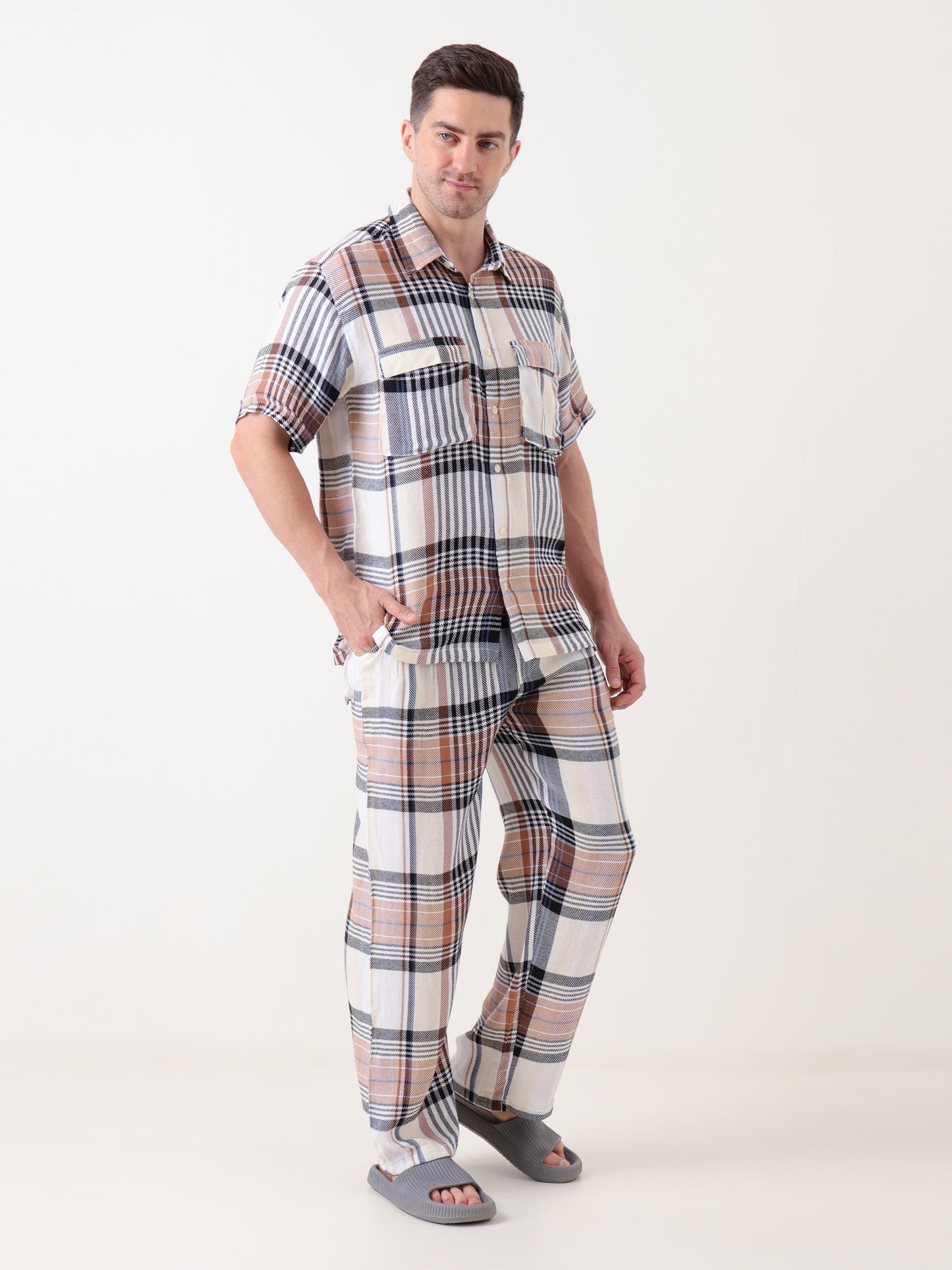 Men’s Rust, Black & Cream Plaid Co-ord Set – Short Sleeve Shirt & Trouser