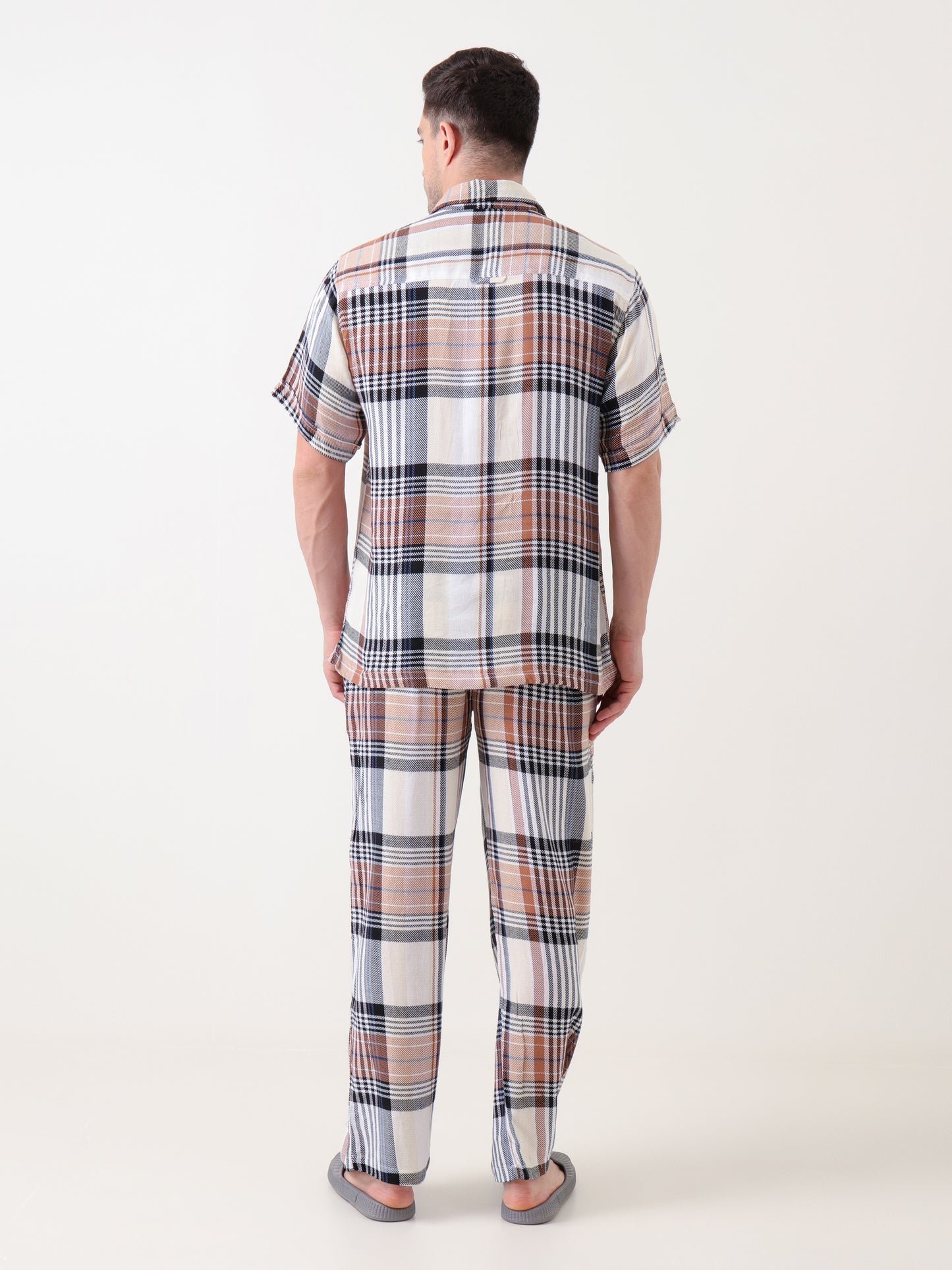 Men’s Rust, Black & Cream Plaid Co-ord Set – Short Sleeve Shirt & Trouser