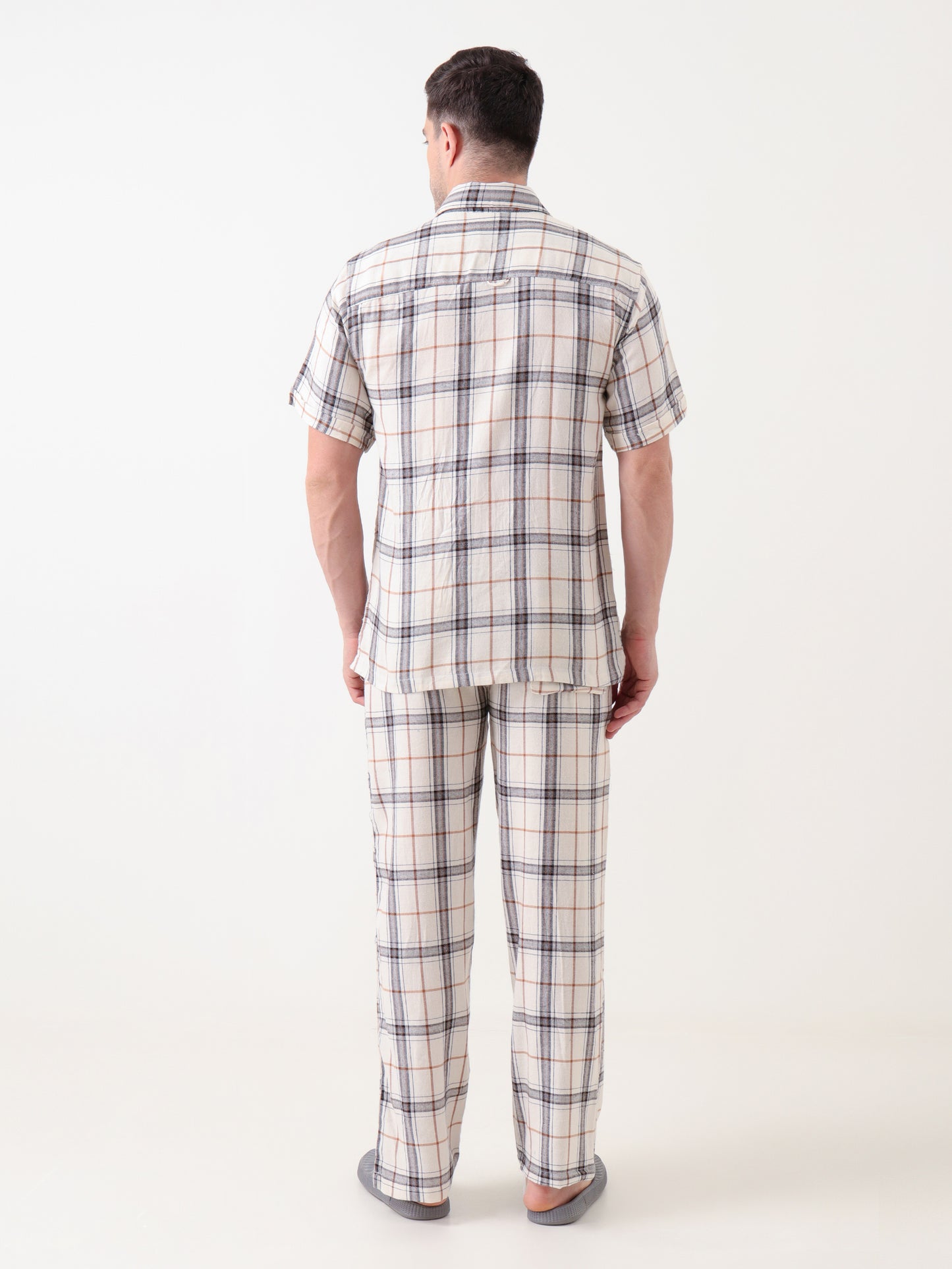 Men's Beige & Brown Checked Co-ord Set – Short Sleeve Shirt & Relaxed Trousers