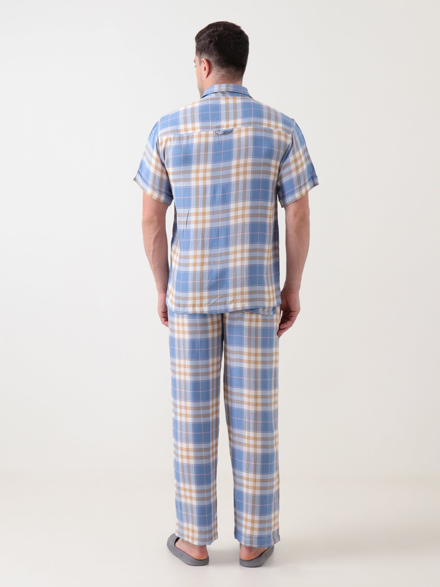 Men's Blue & Beige Checked Co-ord Set – Short Sleeve Shirt & Trouser