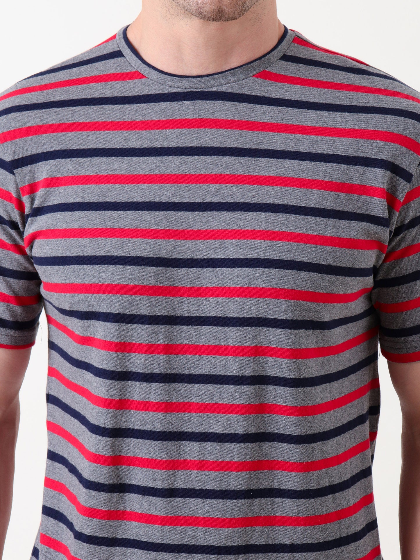 Men's Grey Striped Cotton T-Shirt – Casual Crew Neck Tee