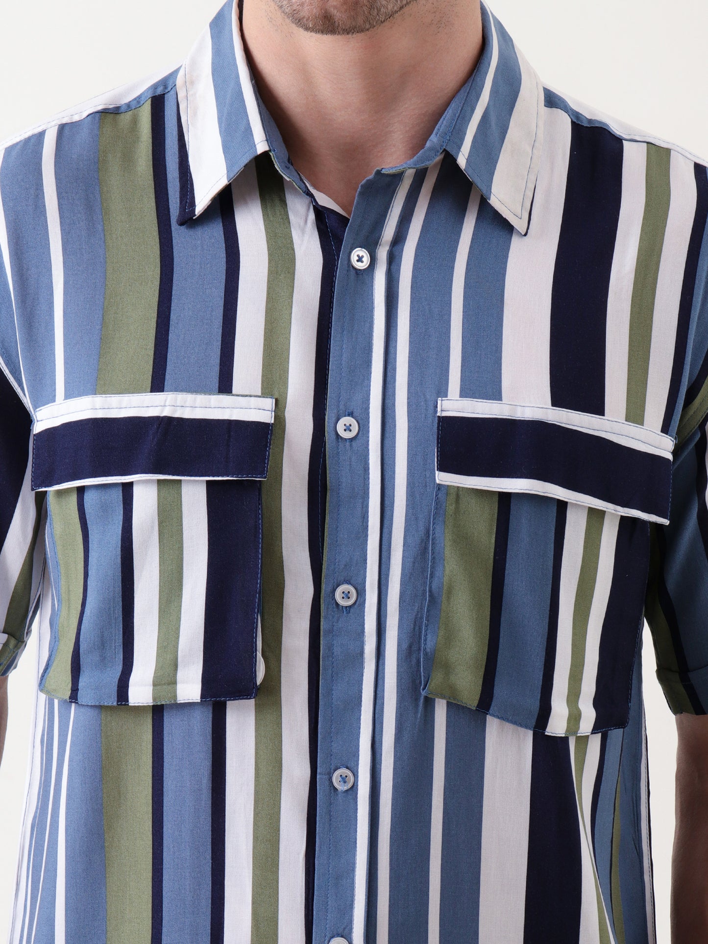 Men’s Striped Co-ord Set – Casual Button-Down Shirt & Relaxed Trousers (Navy, Olive & White)