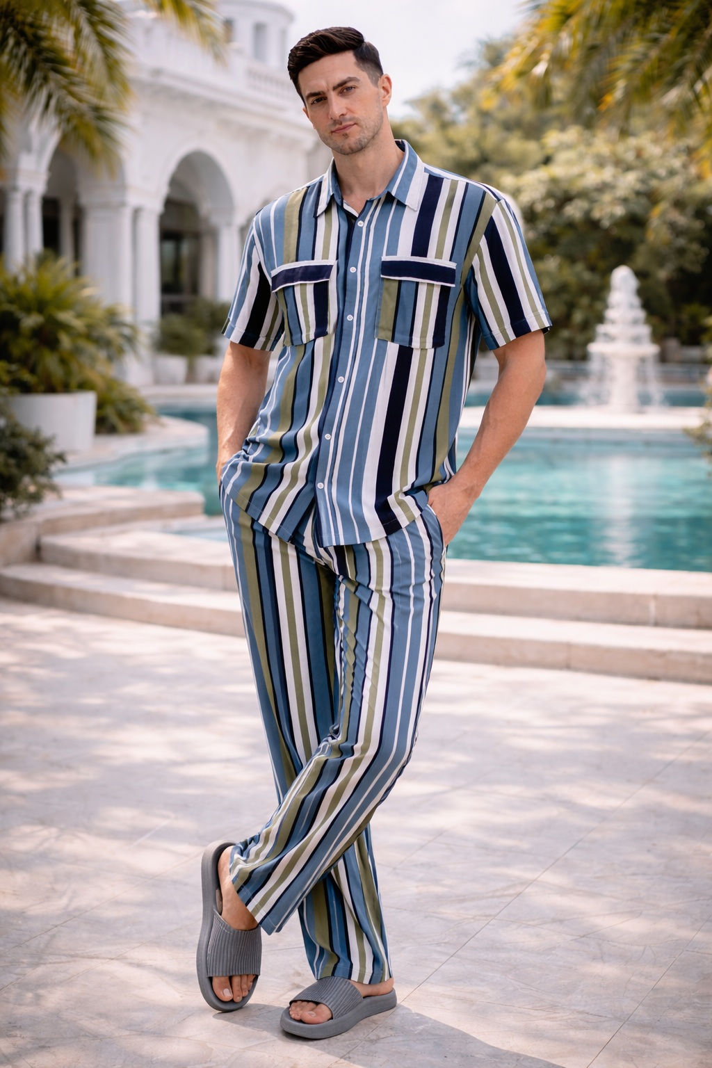 Men’s Striped Co-ord Set – Casual Button-Down Shirt & Relaxed Trousers (Navy, Olive & White)