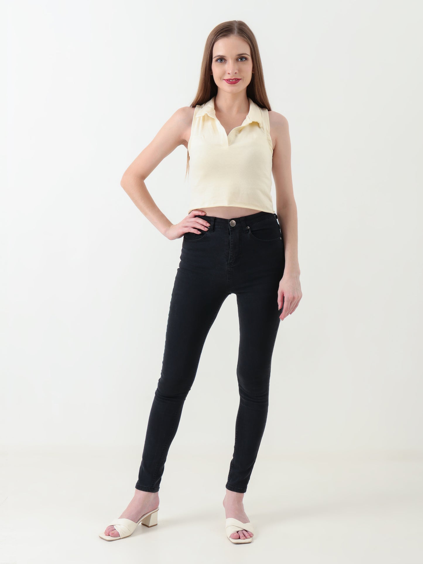 Women's Sleeveless Collared Crop Top – Off White
