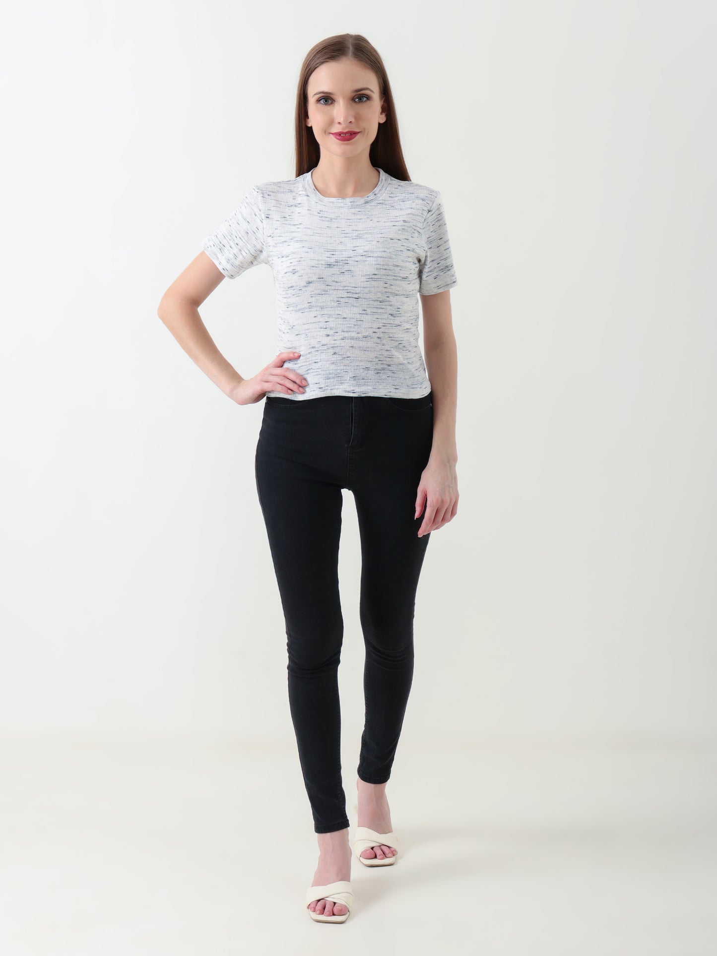 Women's Light Grey Stretch Ribbed Crop Top