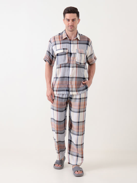 Men’s Rust, Black & Cream Plaid Co-ord Set – Short Sleeve Shirt & Trouser