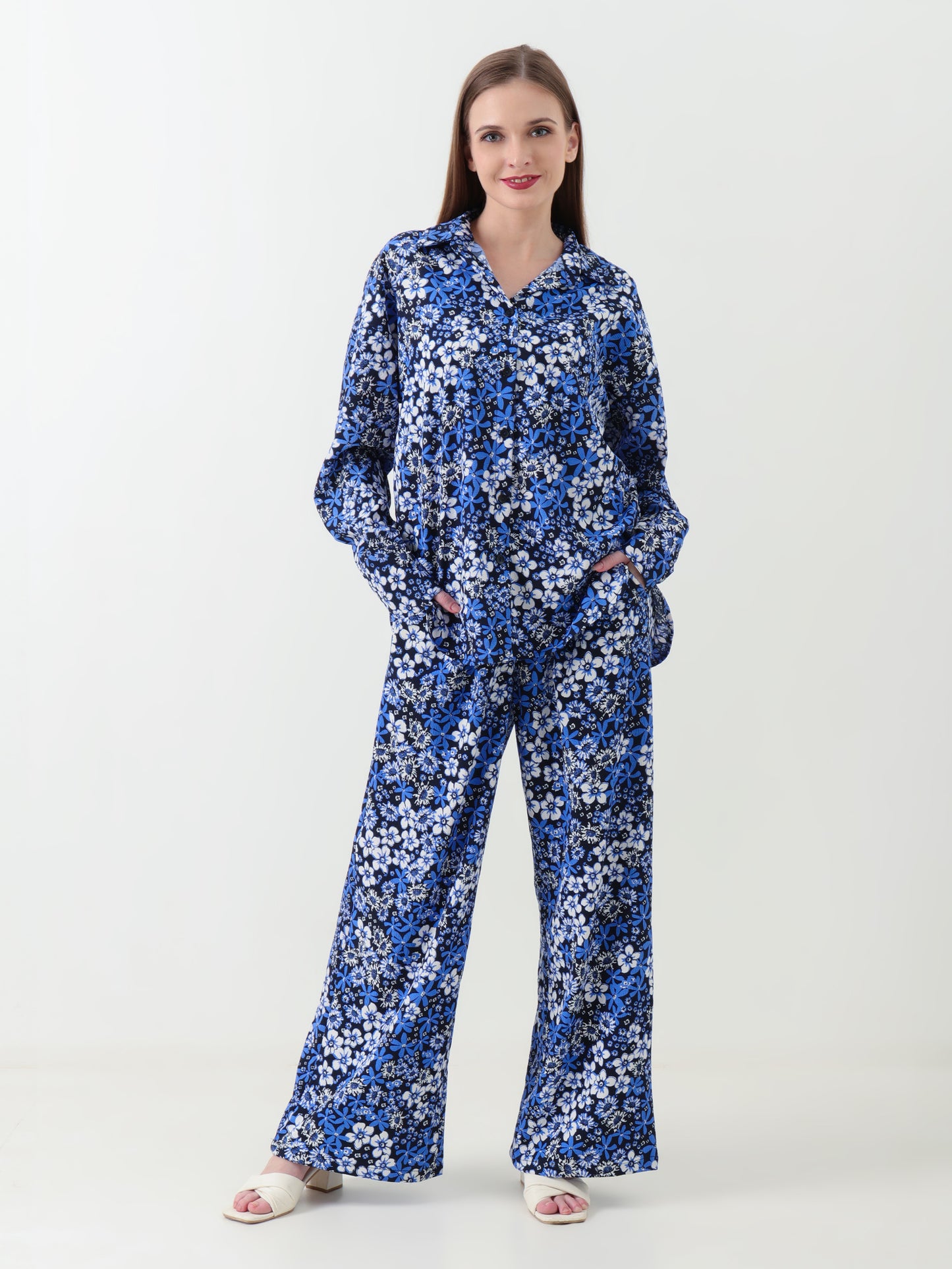 Women Coord Set Floral Royal Blue