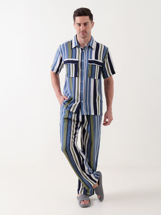 Men’s Striped Co-ord Set – Casual Button-Down Shirt & Relaxed Trousers (Navy, Olive & White)