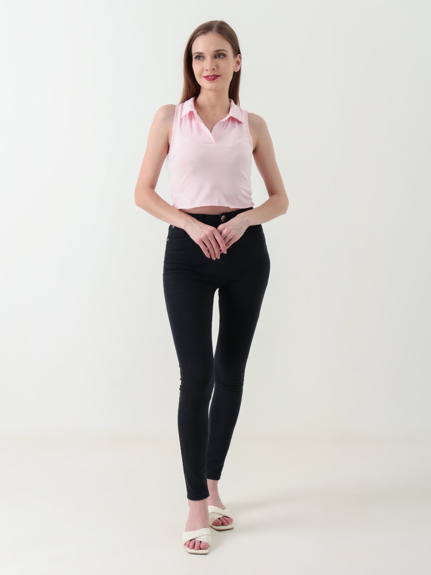 Baby Pink Sleeveless Collar Crop Top