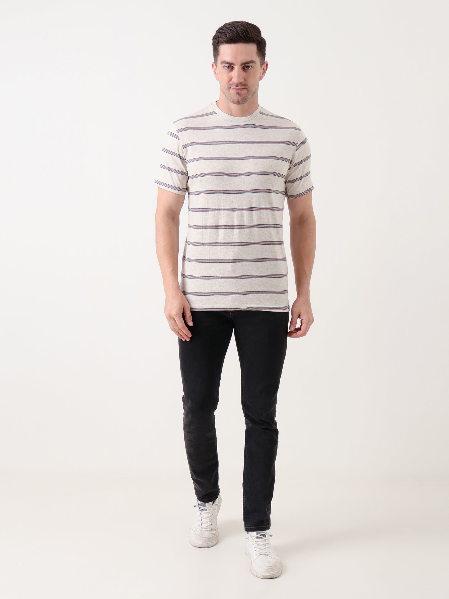Men's Beige Crew Neck T-Shirt with Navy & Red Horizontal Stripes