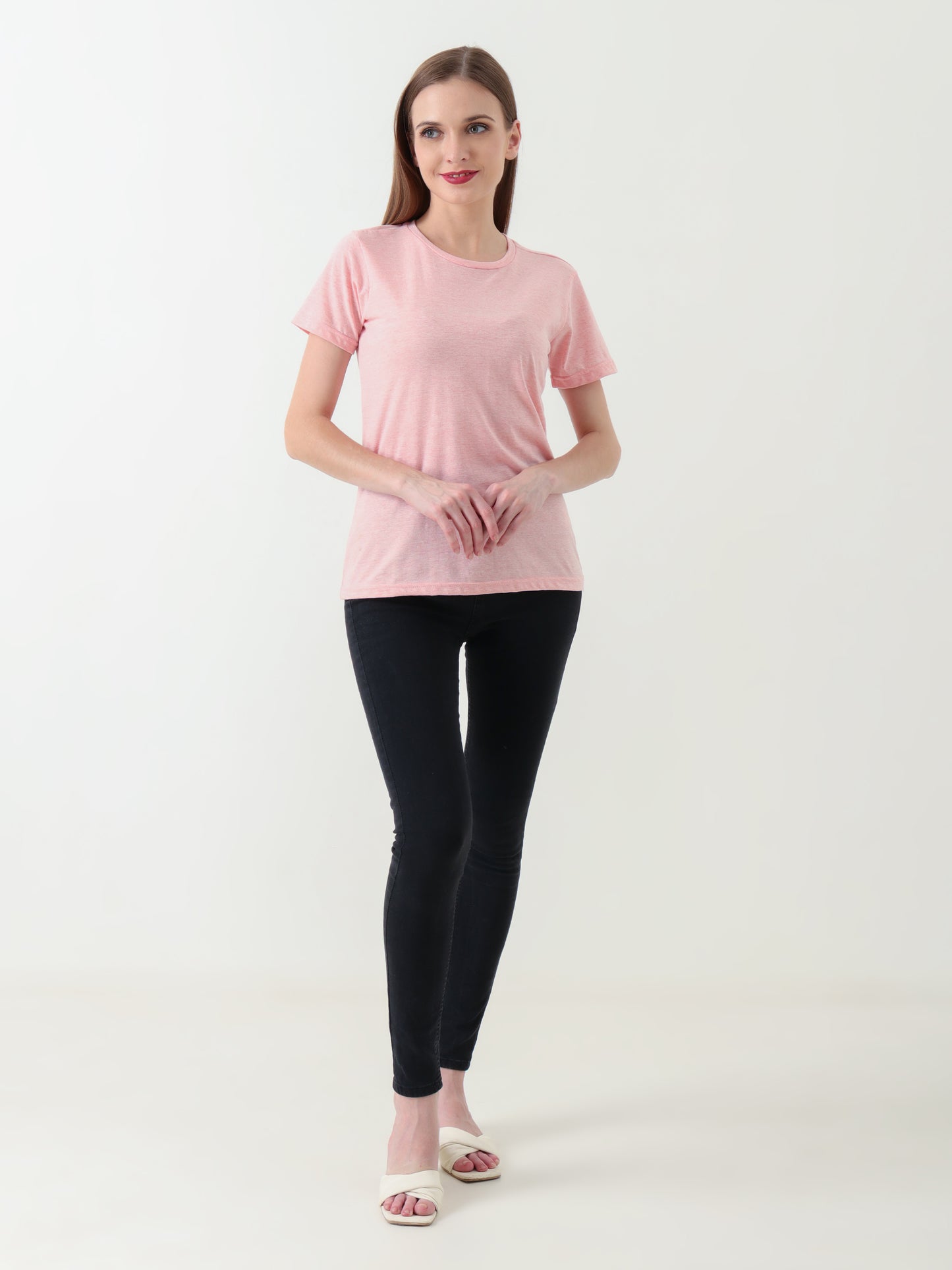 Women's Soft Pink Crew Neck T-Shirt – Lightweight Stretch Cotton Blend