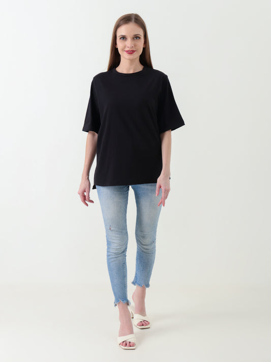 Women's Black T-Shirt with Extended Back