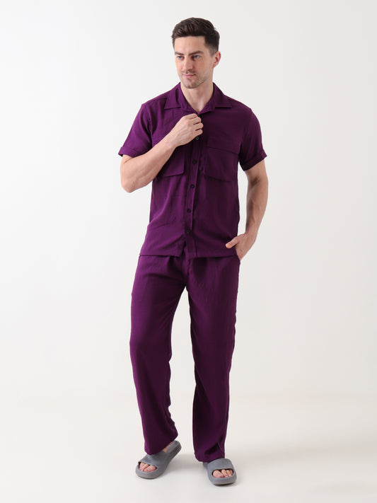 Men's Deep Purple Textured Co-ord Set – Shirt & Trousers