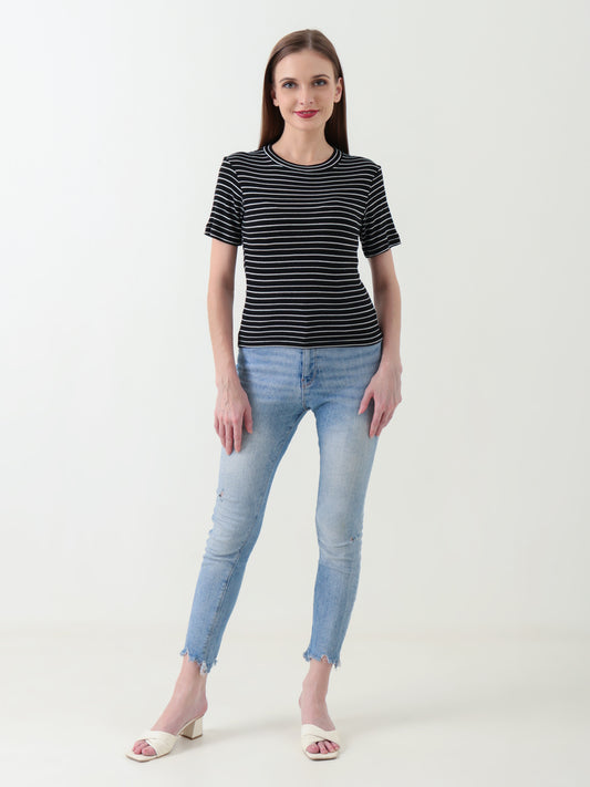 Women's Black & White Striped Ribbed Crop Top – Fitted Stretch Tee