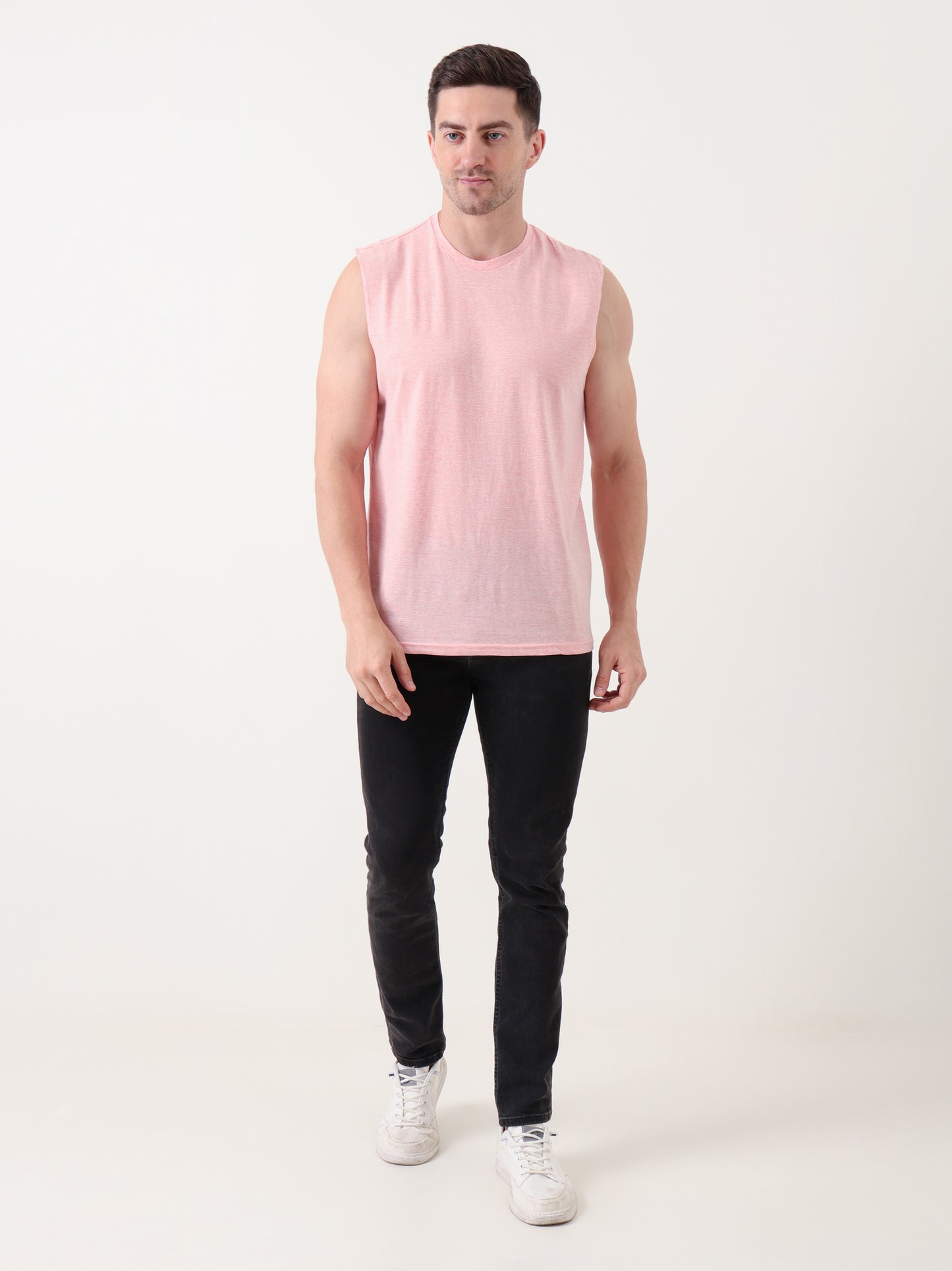 Men's Sleeveless Light Pink Tank Top – Soft Cotton Blend, Casual Fit