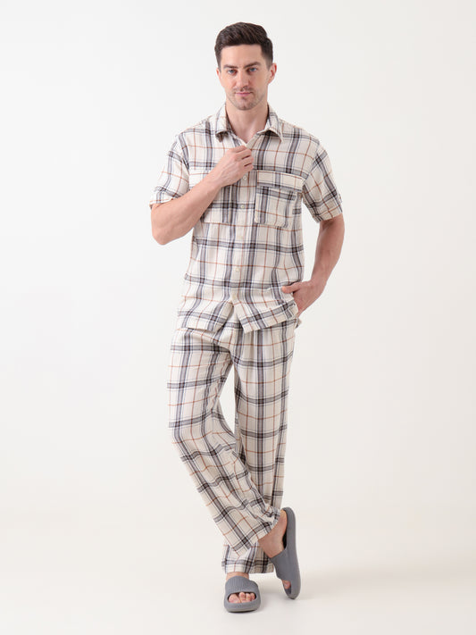 Men's Beige & Brown Checked Co-ord Set – Short Sleeve Shirt & Relaxed Trousers