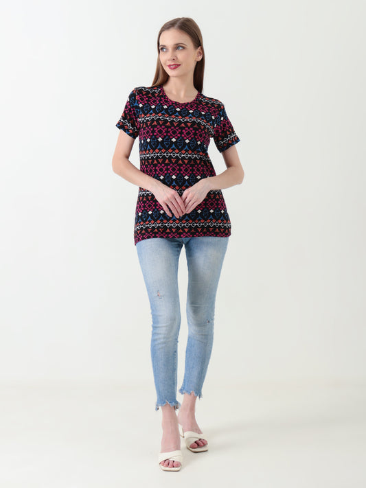 Women's Multicolor Tribal Print T-Shirt – Stretchy & Comfortable