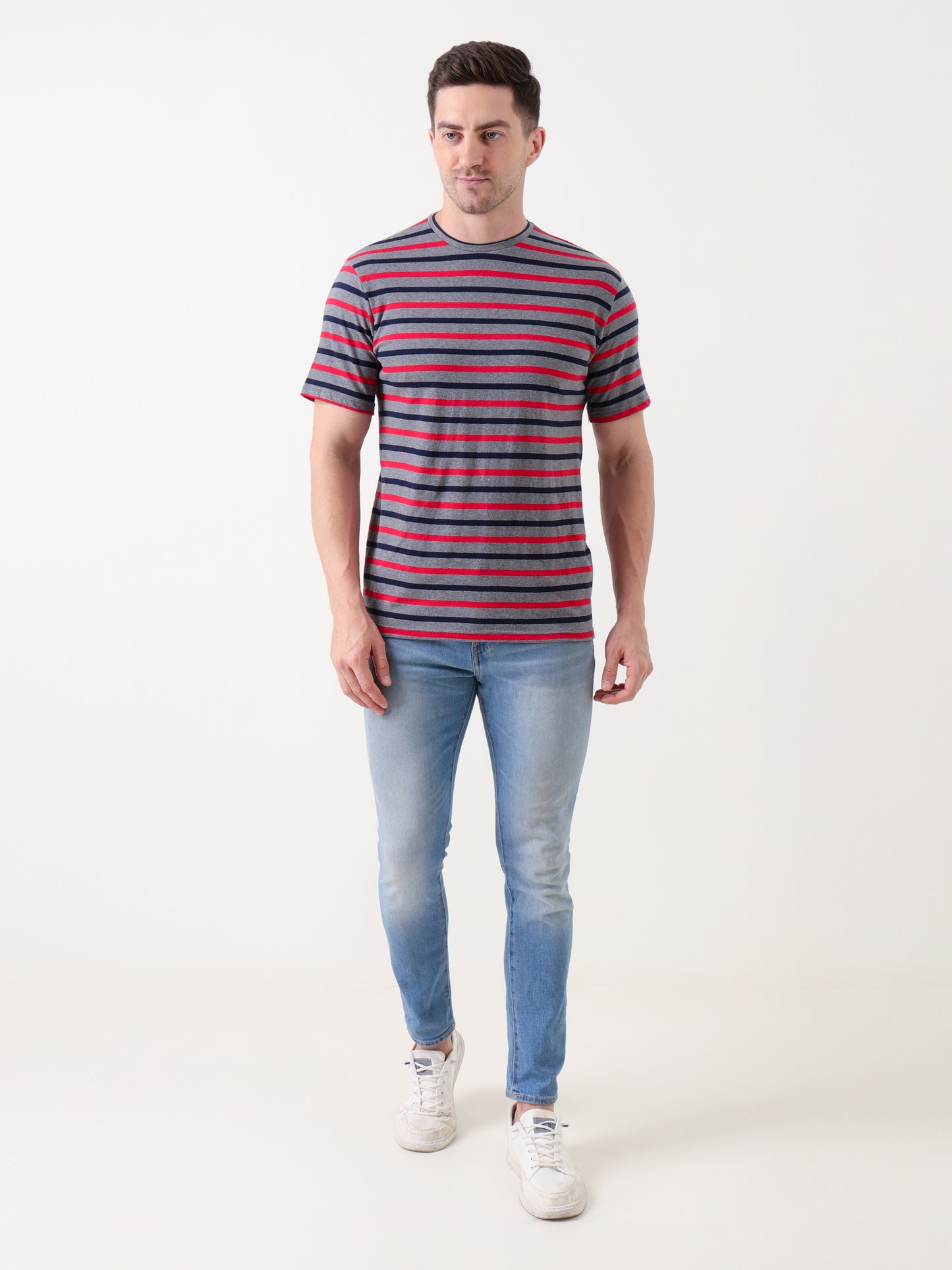Men's Grey Striped Cotton T-Shirt – Casual Crew Neck Tee